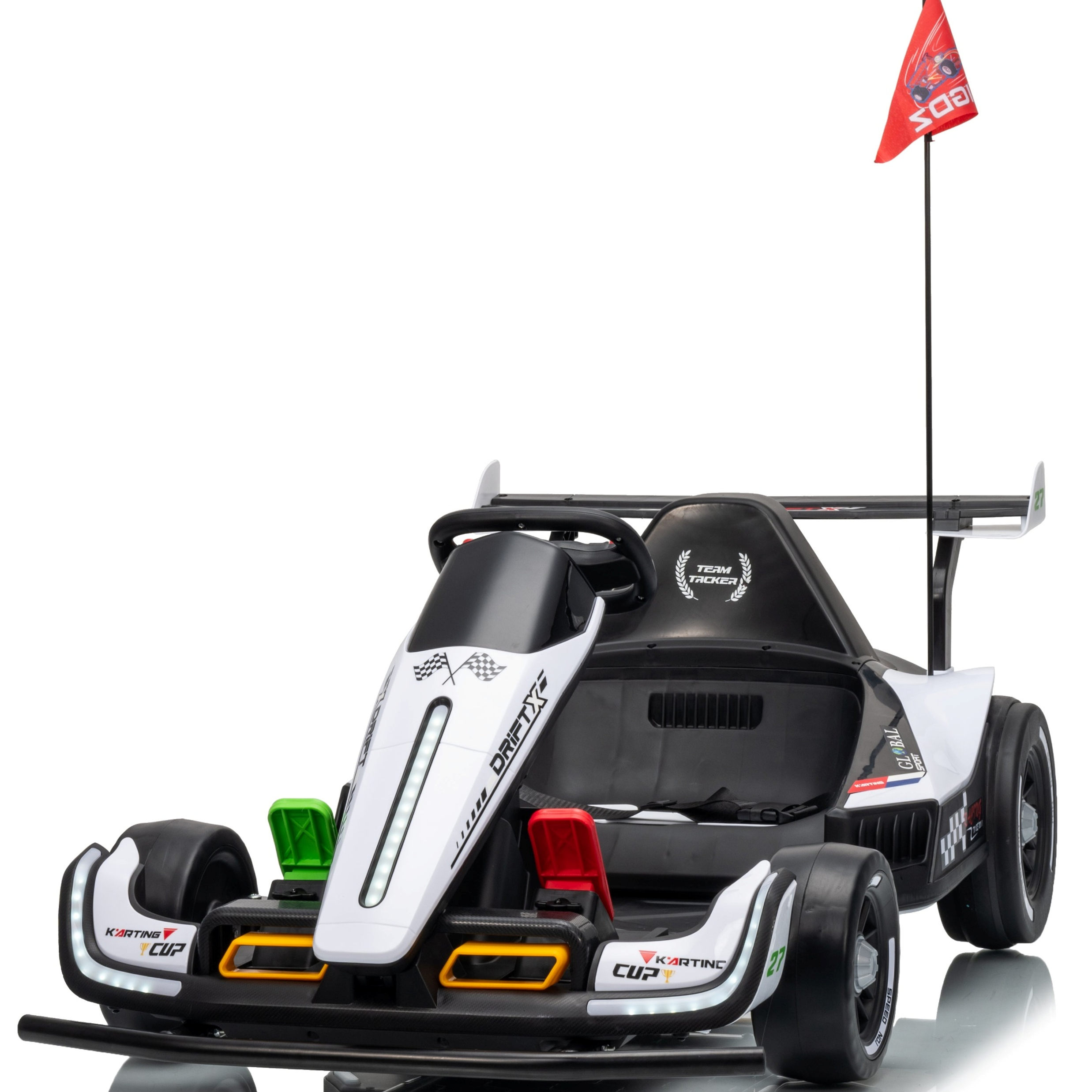 Model of a race car with a red flag on a white background