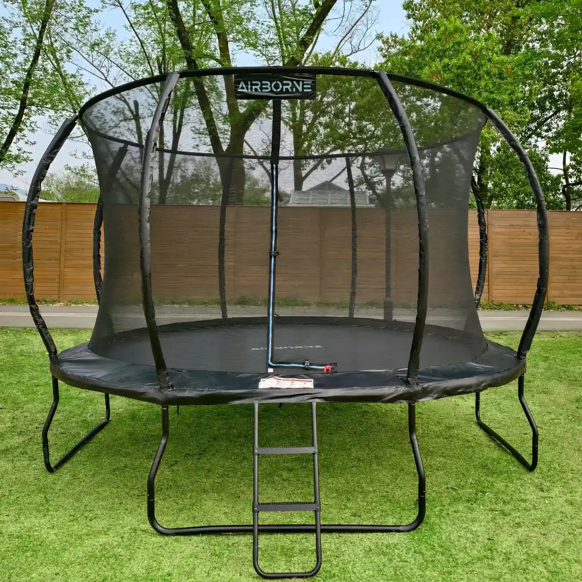 Trampoline with safety net and ladder on grassy area