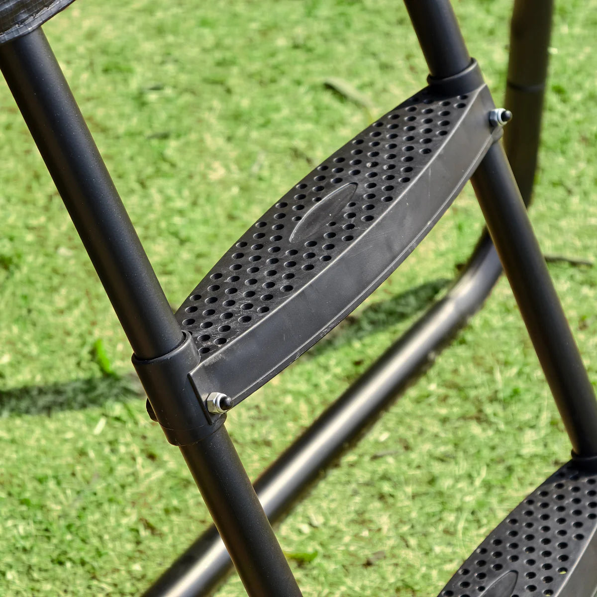 Black metal step ladder on a grassy background