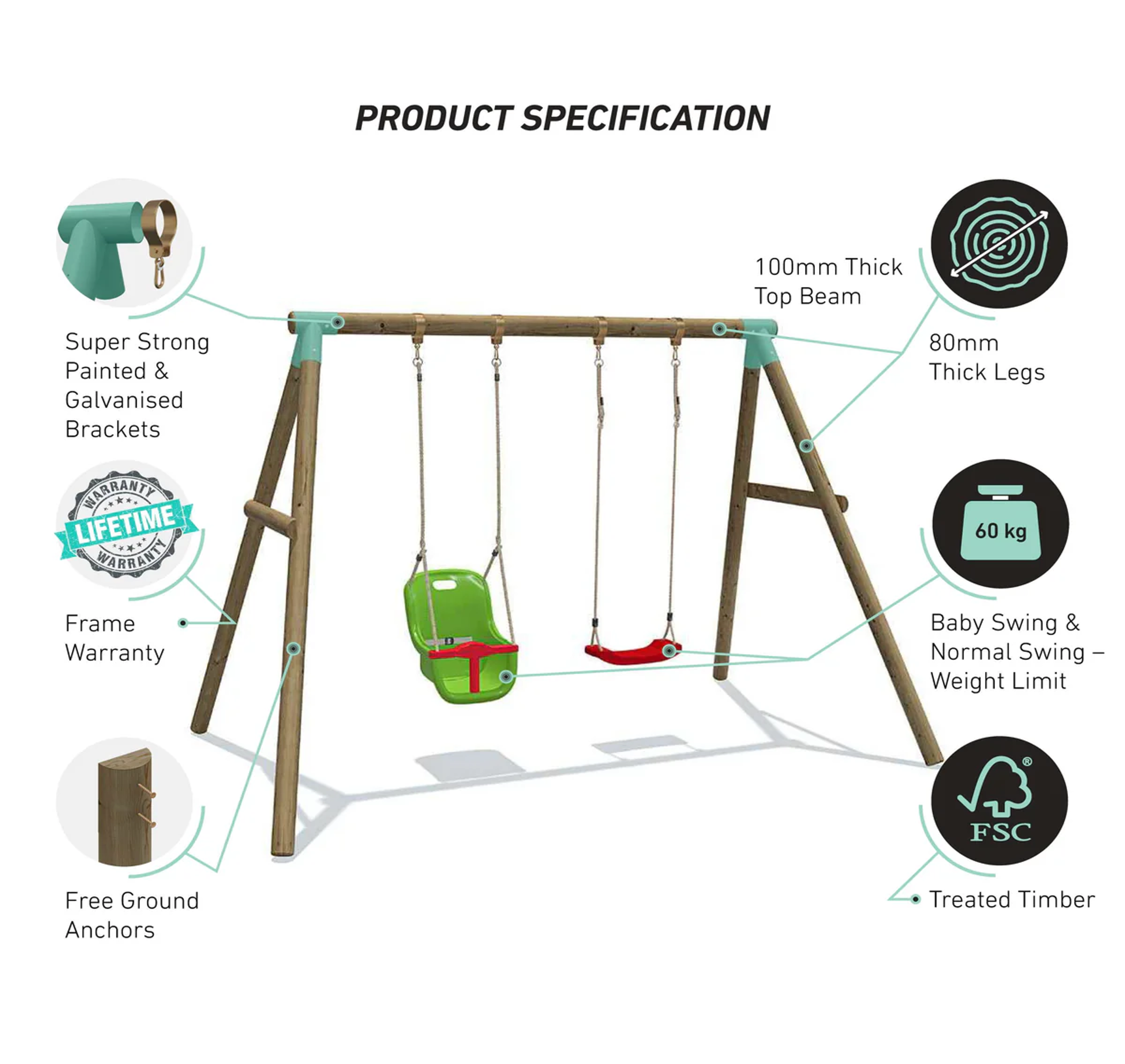 Wild Aussie Wooden Double Swing Set With Baby Seat