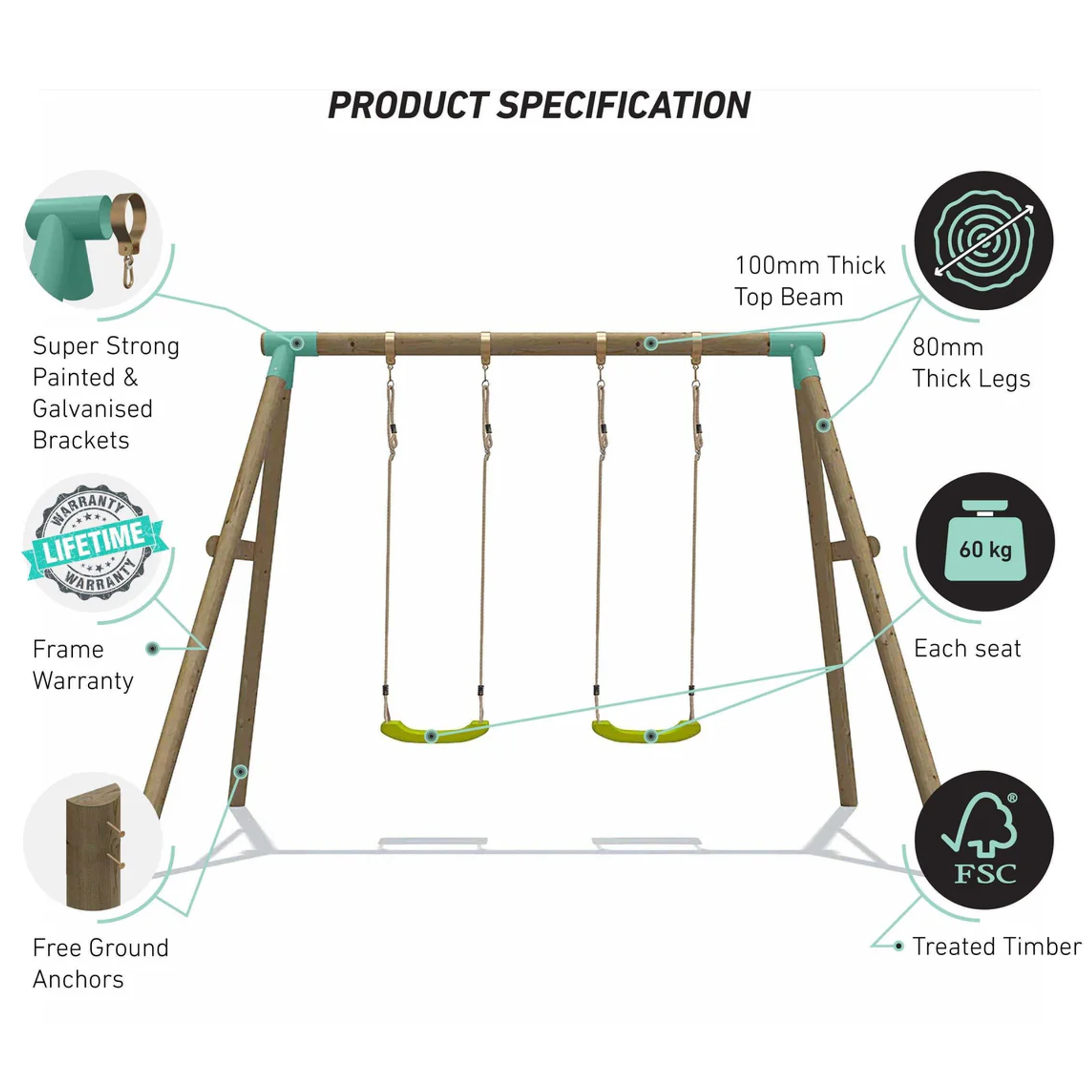Wild Aussie Double Seat Wooden Swing Set