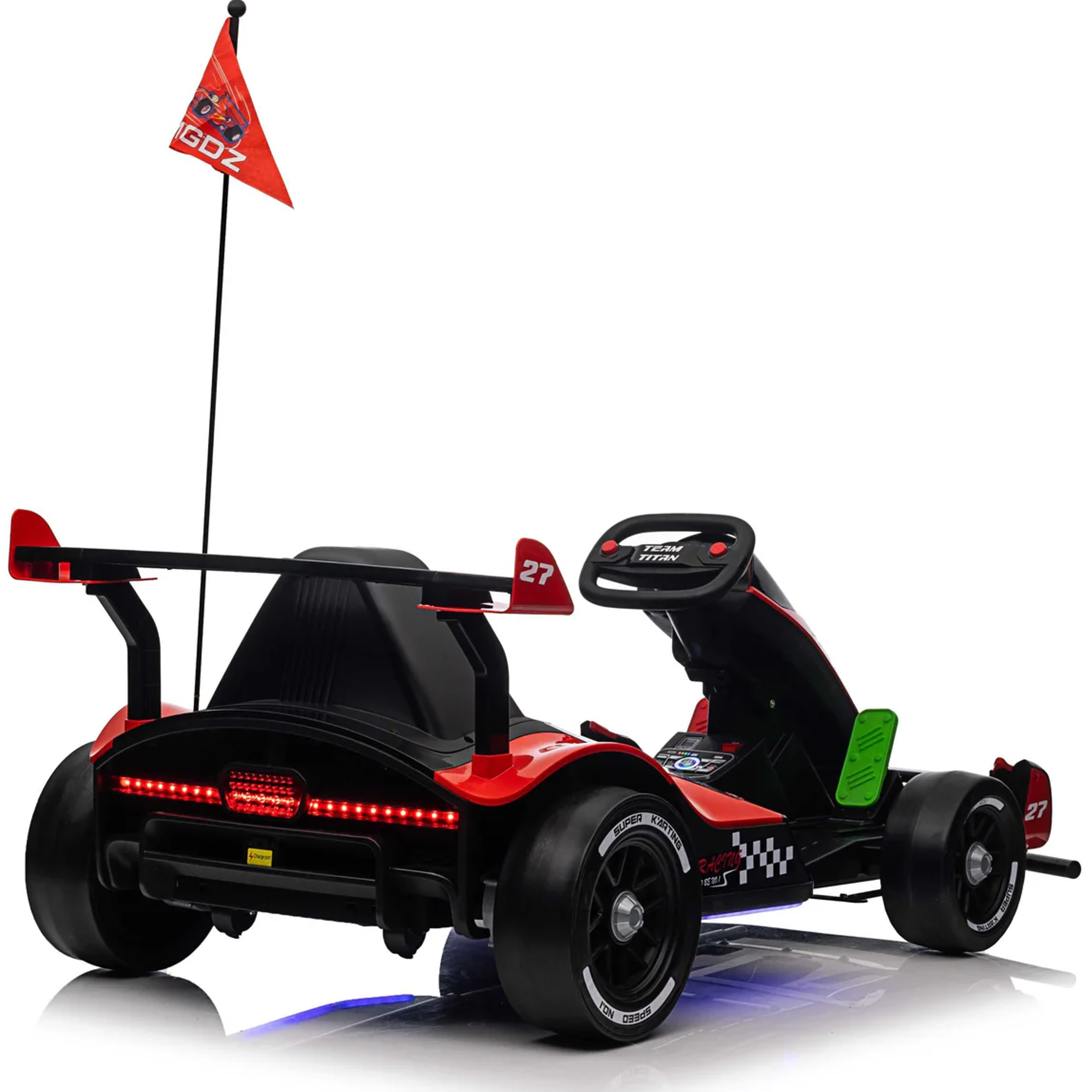 Black and red toy go-kart with a flag on a white background