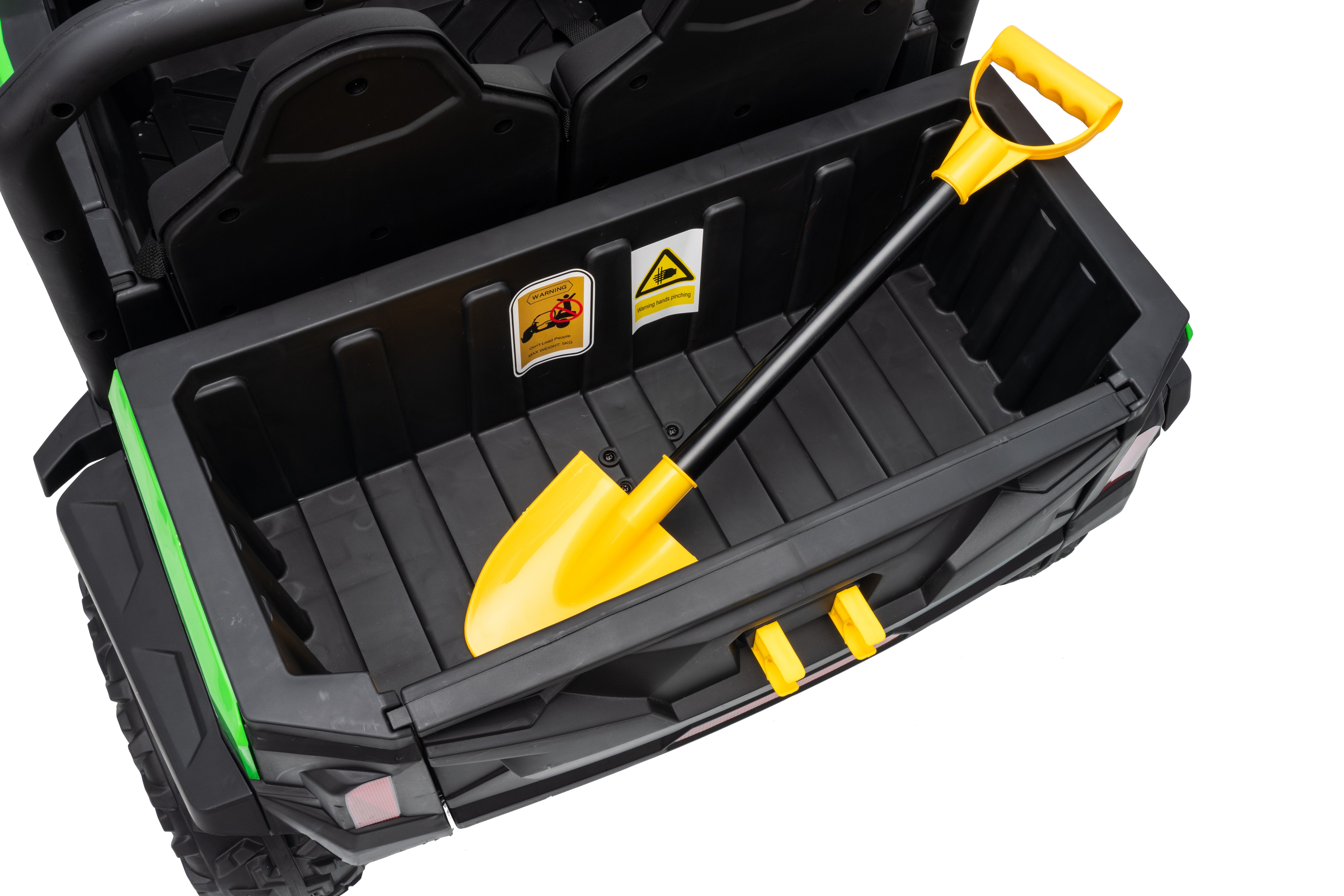 Black toolbox with yellow spade inside on a white background