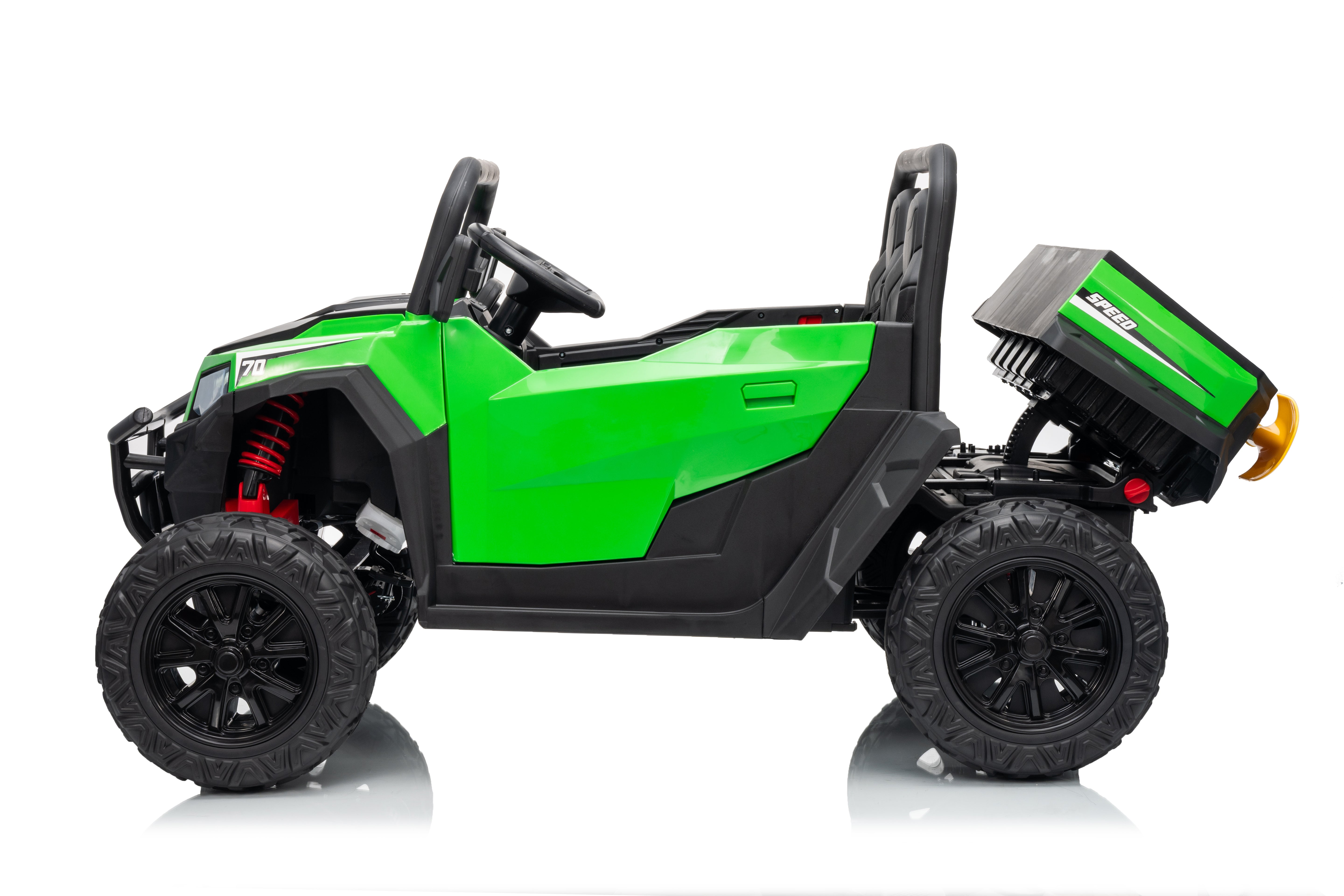 Green and black toy off-road vehicle on a white background