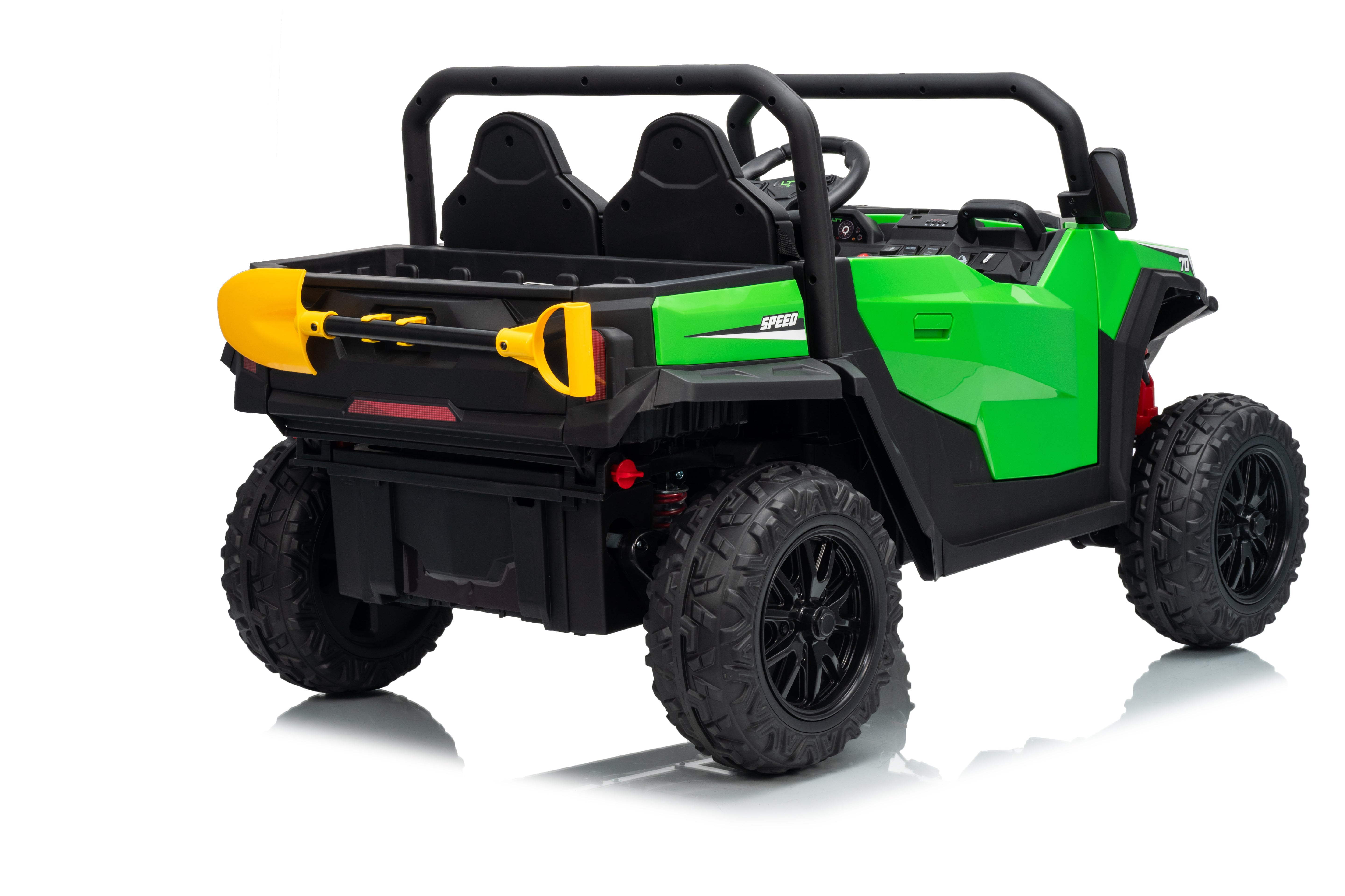 Green and black toy off-road vehicle with yellow shovel on a white background