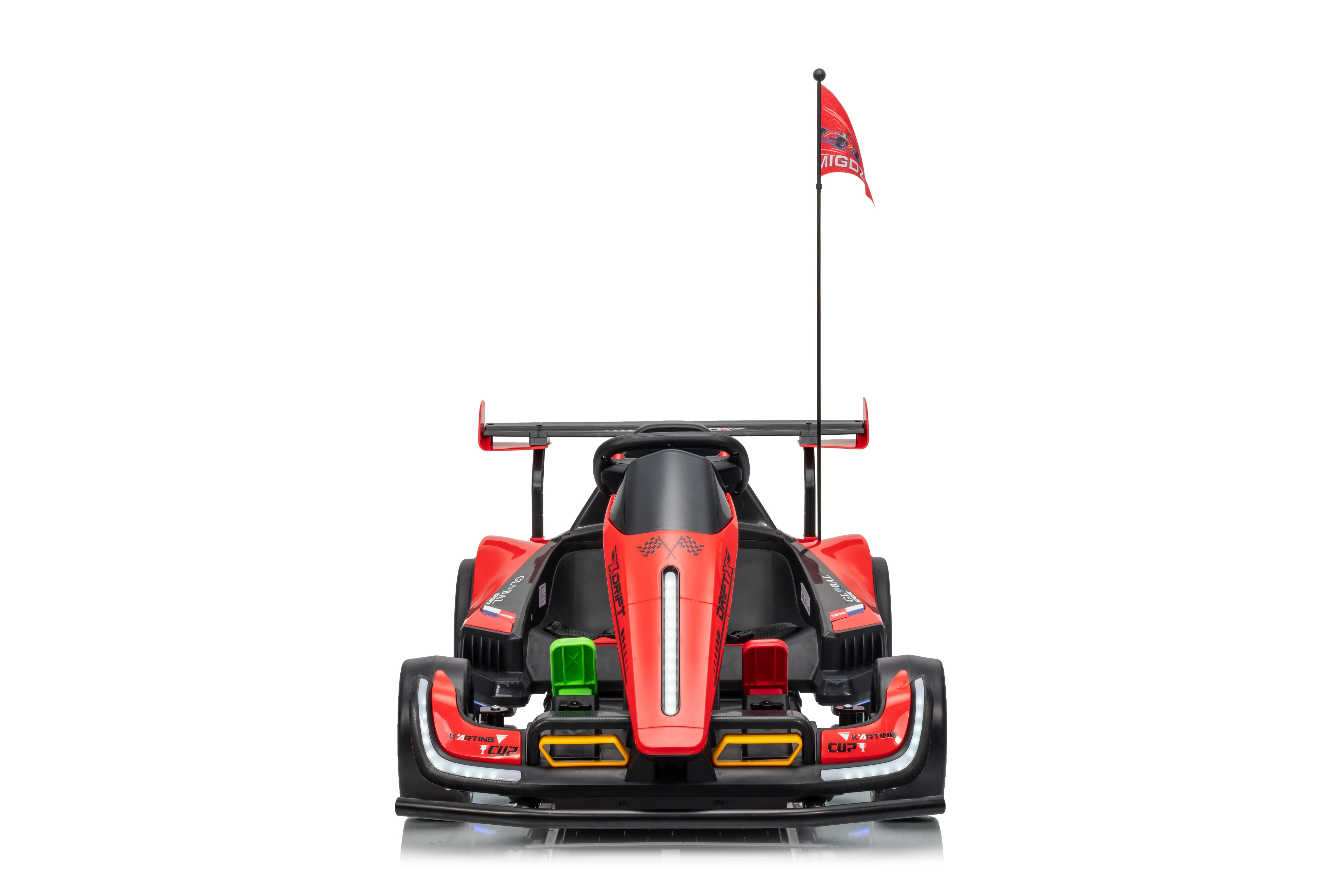 Model of a red and black race car with a flag on a white background