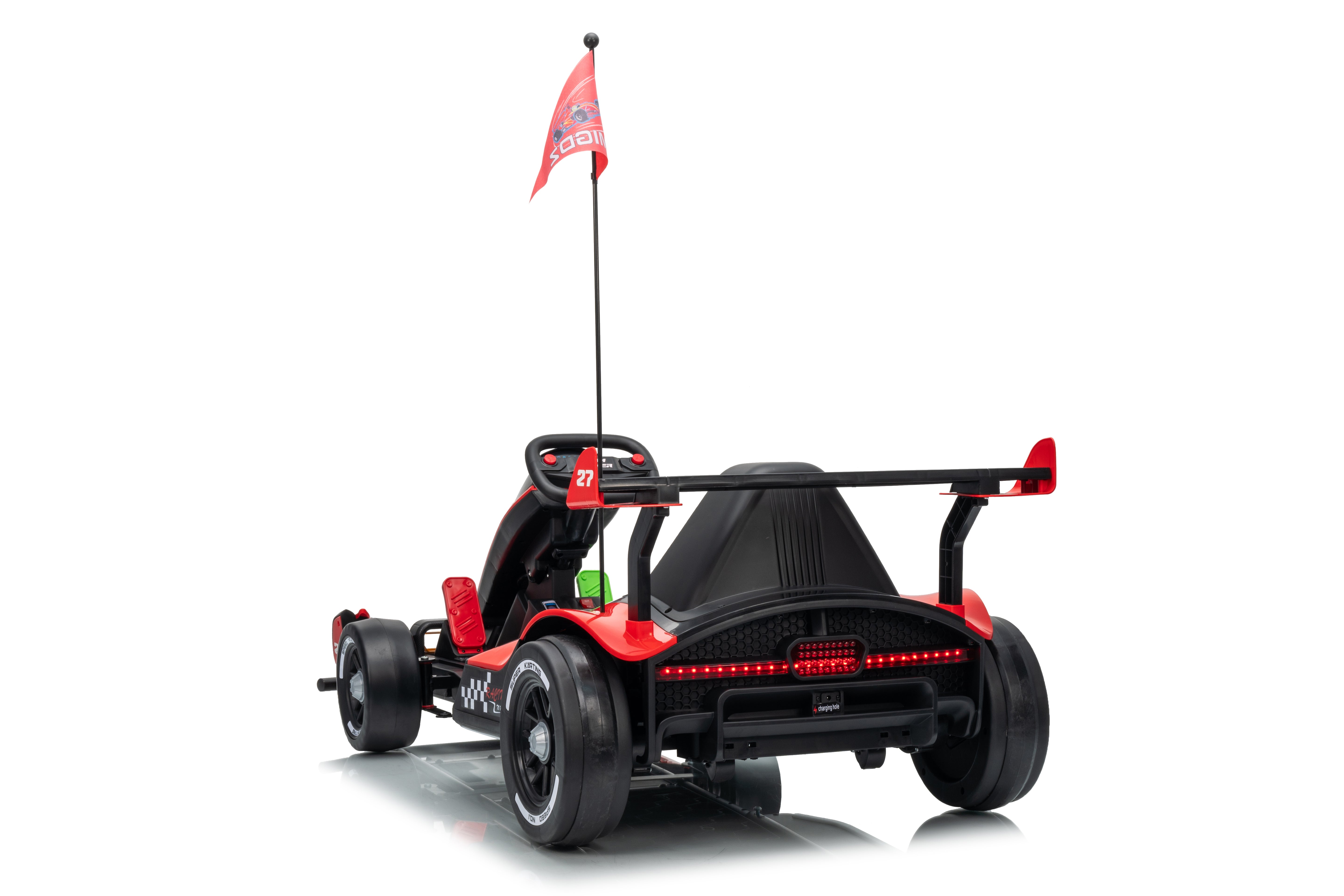 Red and black go-kart with a flag on a white background
