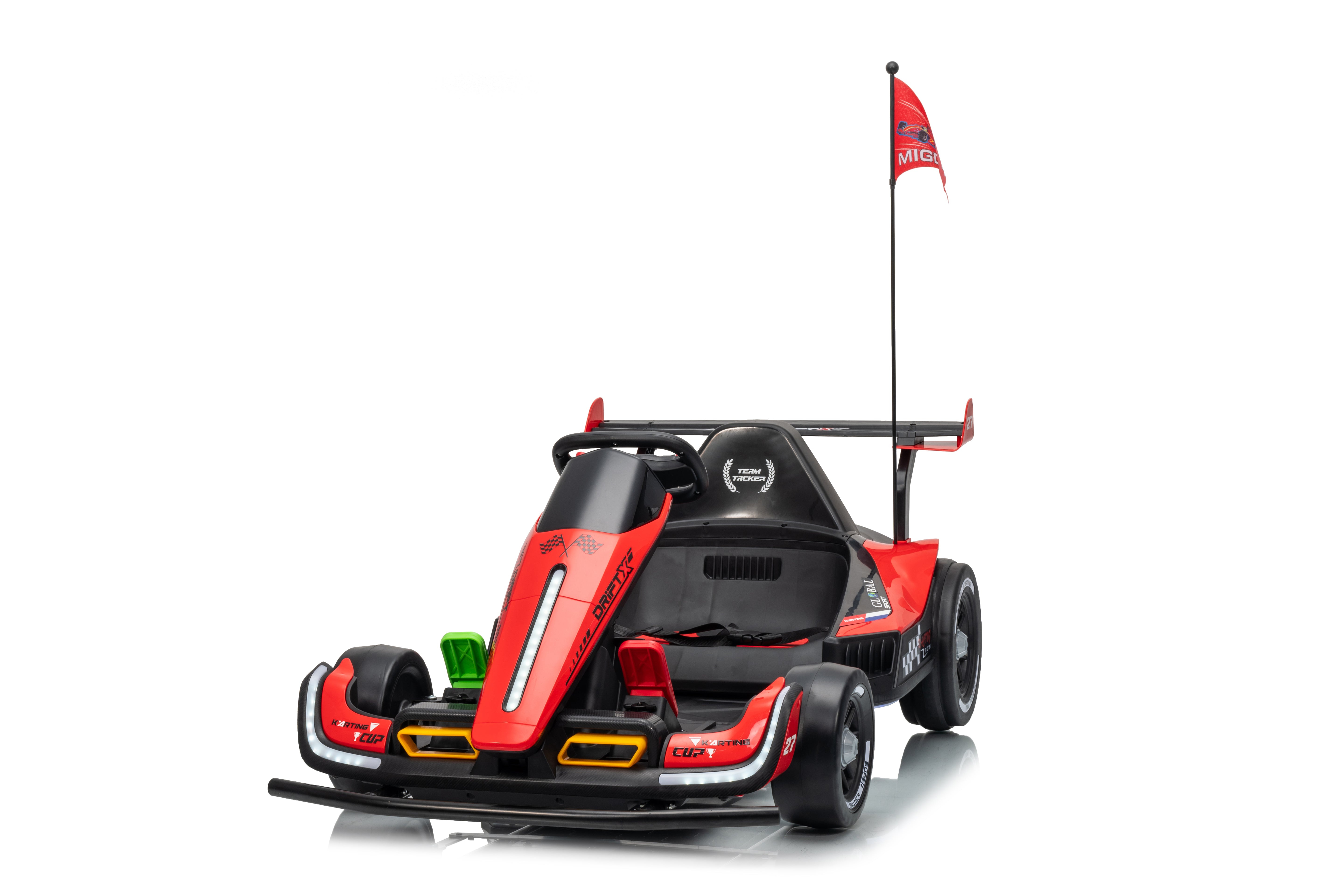 Red and black go-kart with a flag on a white background