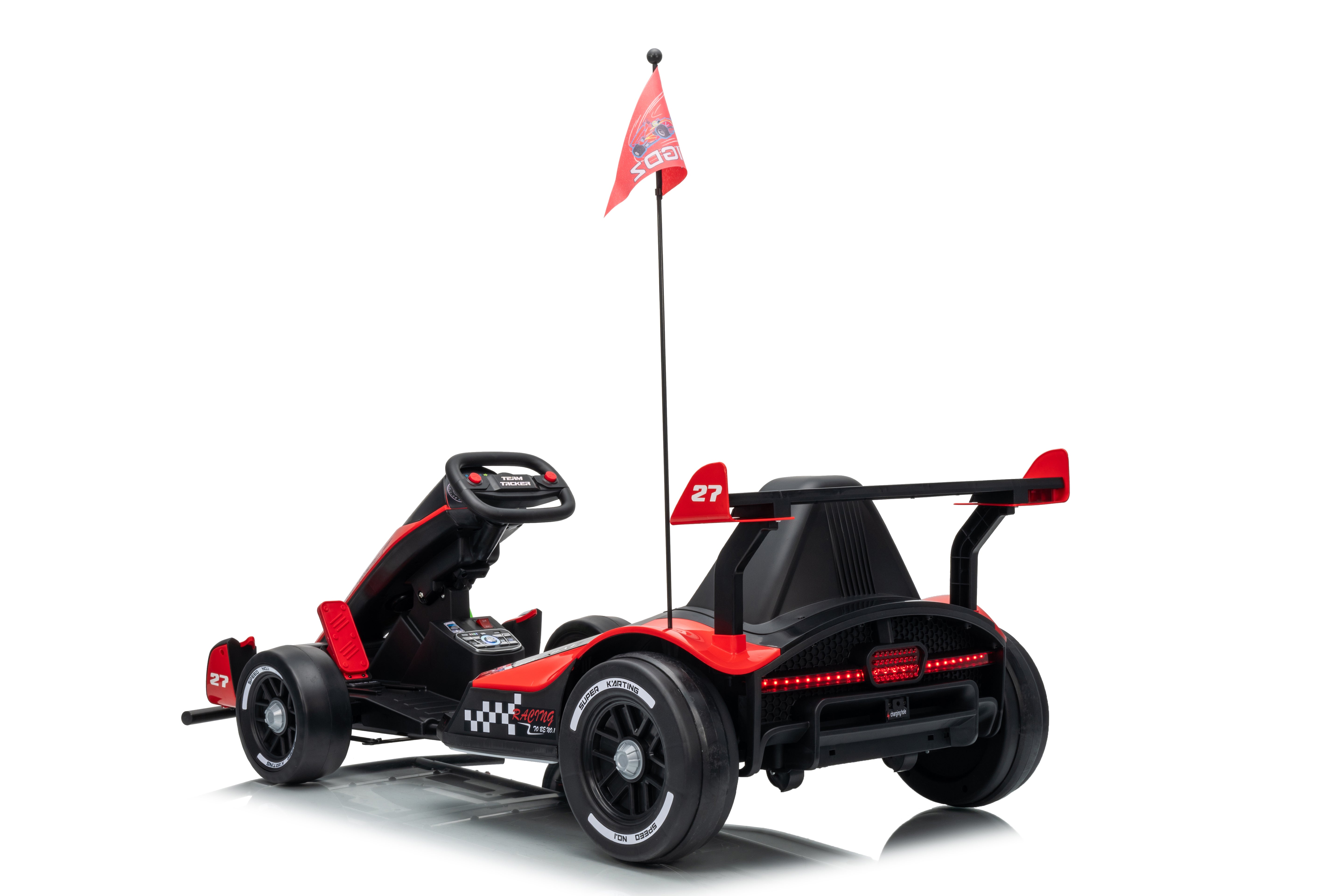 Red and black toy go-kart with a flag on a white background