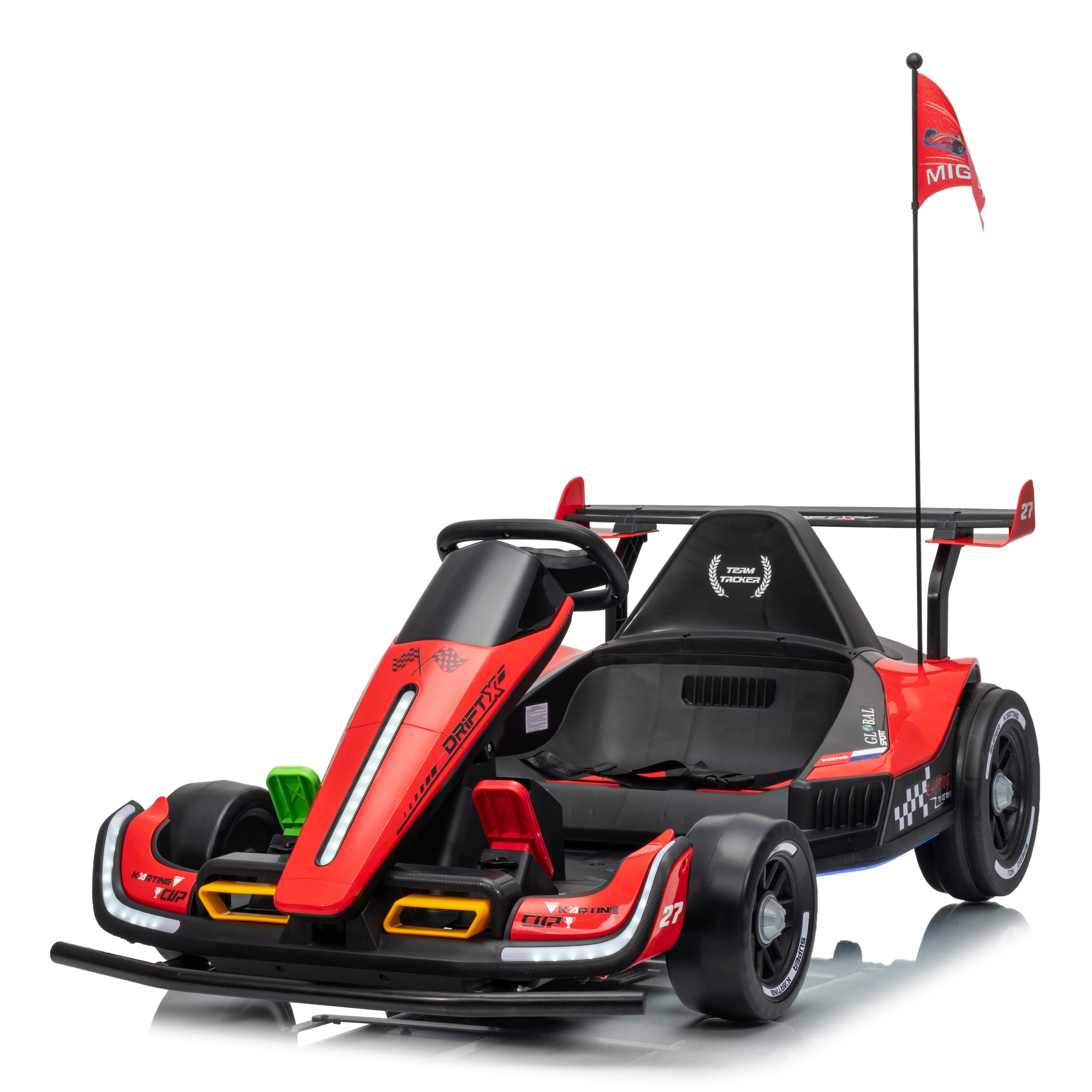 Red and black go-kart with a flag on a white background