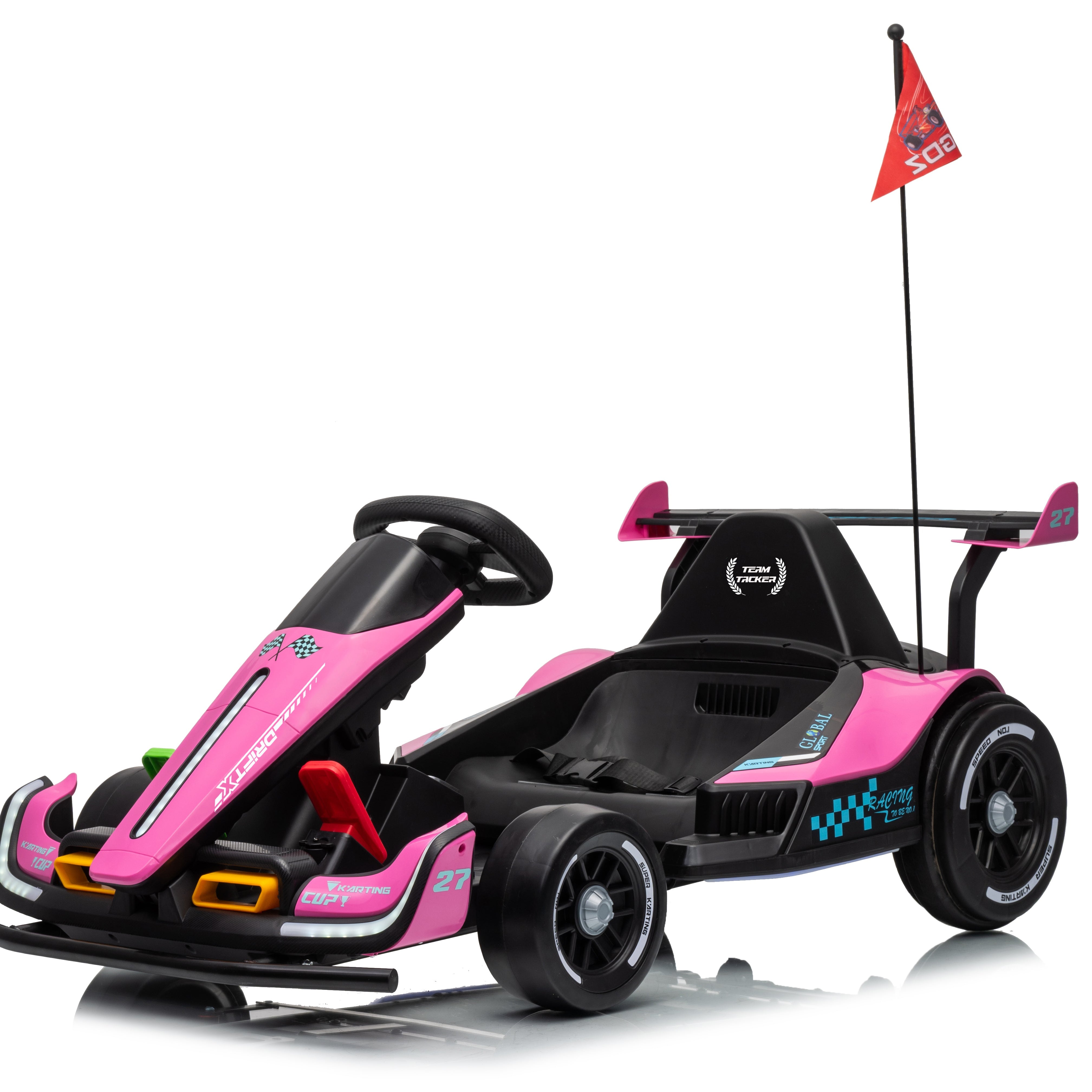 Pink and black go-kart with a flag on a white background