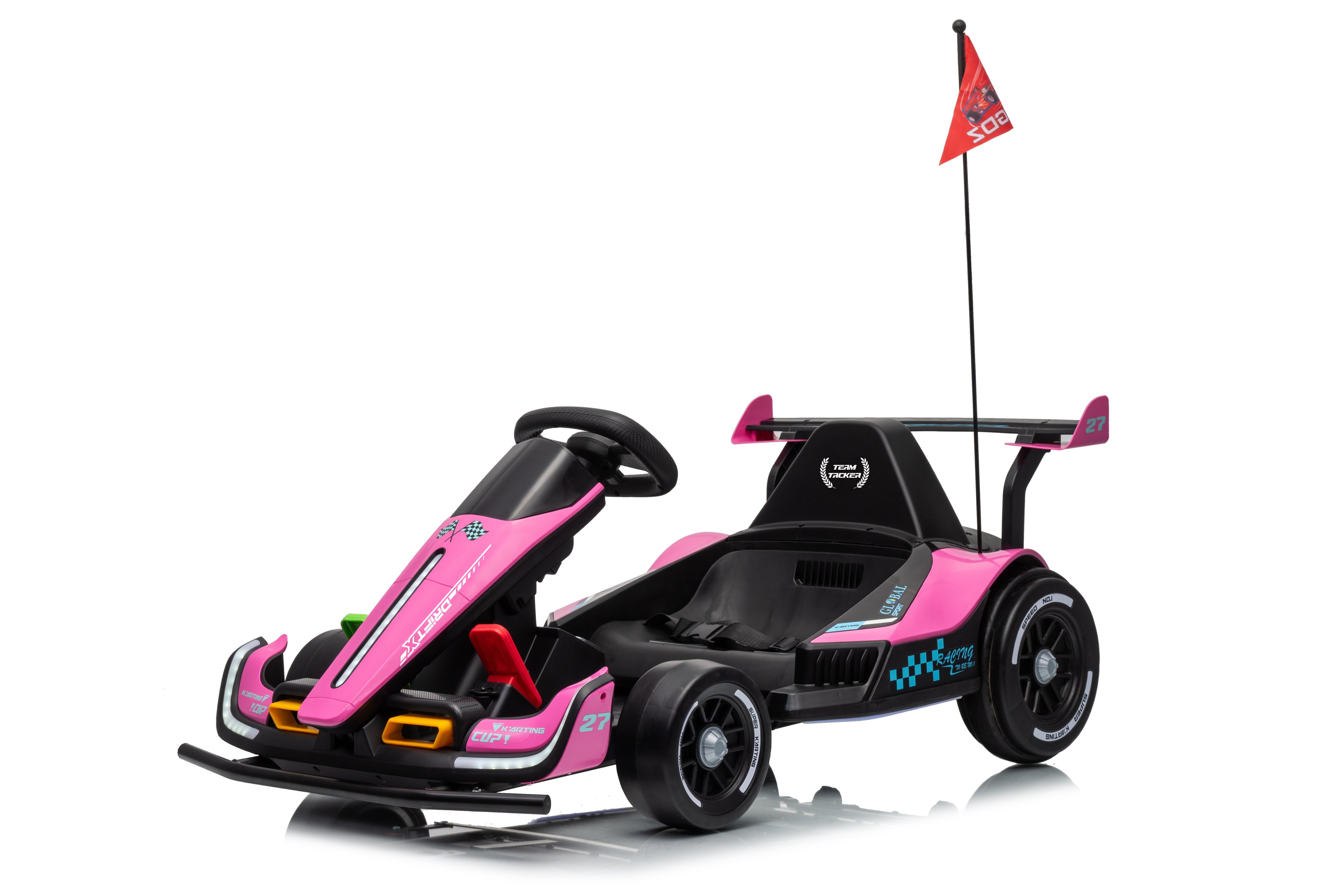 Pink and black go-kart with a flag on a white background