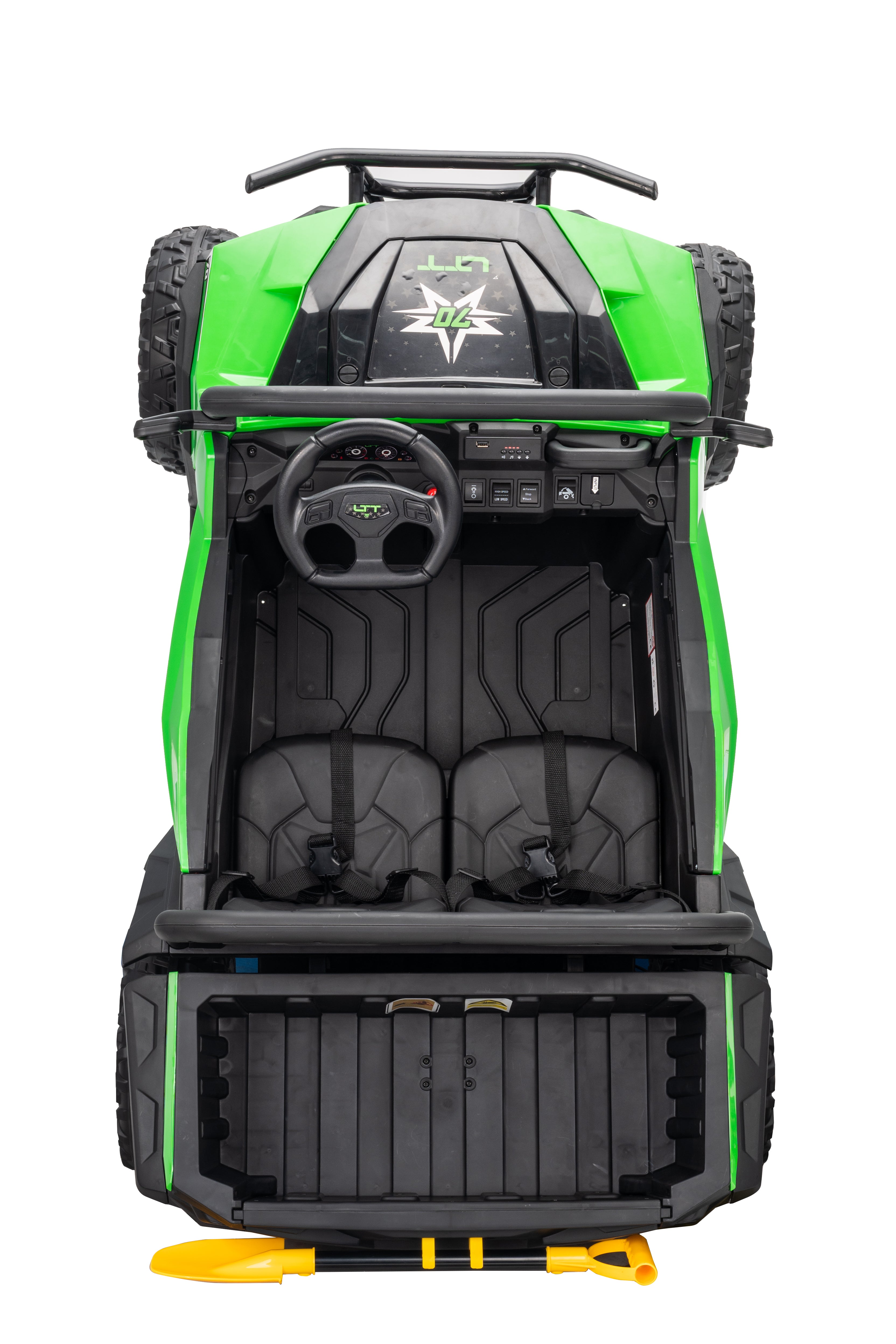 Green and black off-road vehicle with a steering wheel and dashboard on a white background