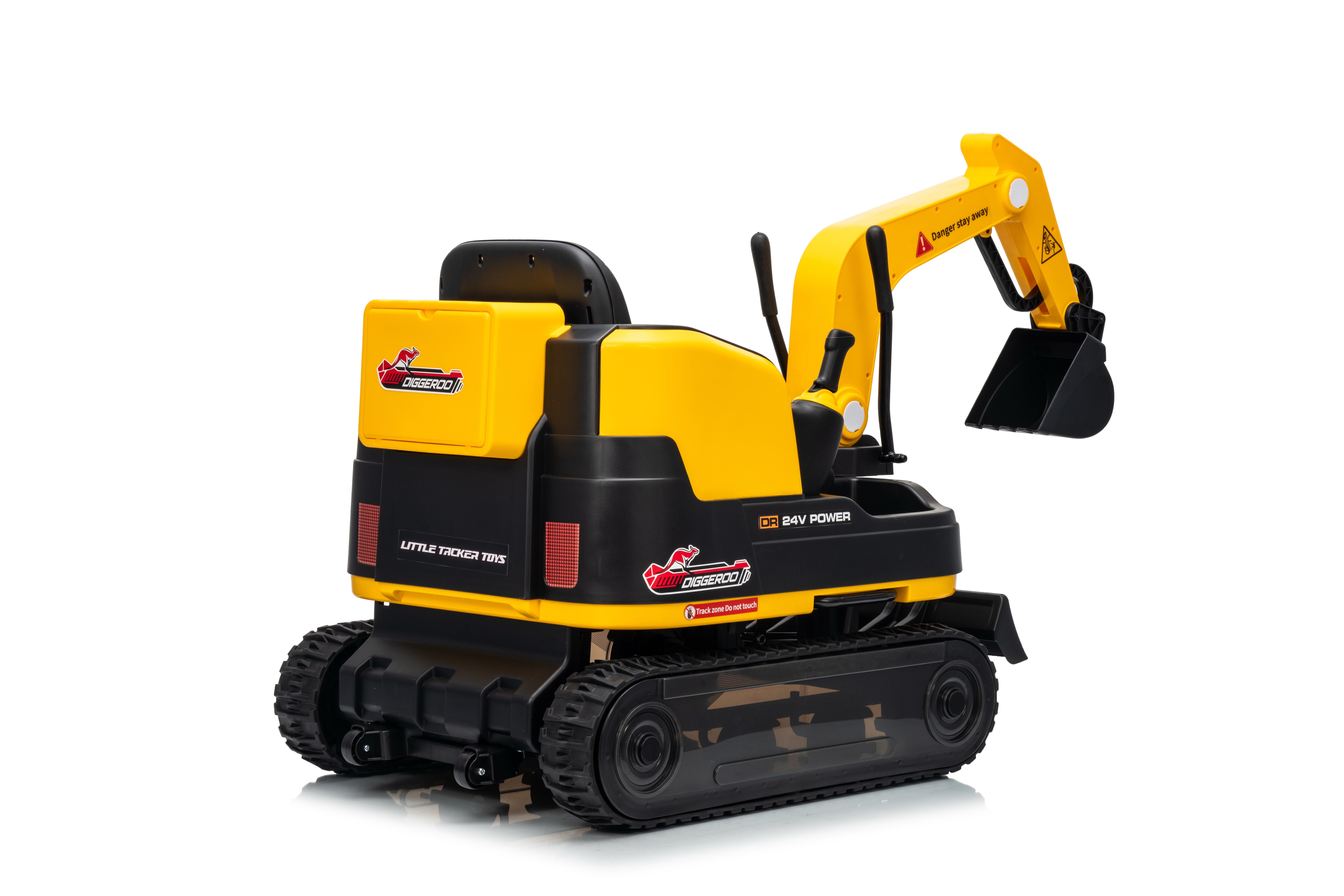 Yellow and black toy excavator on a white background