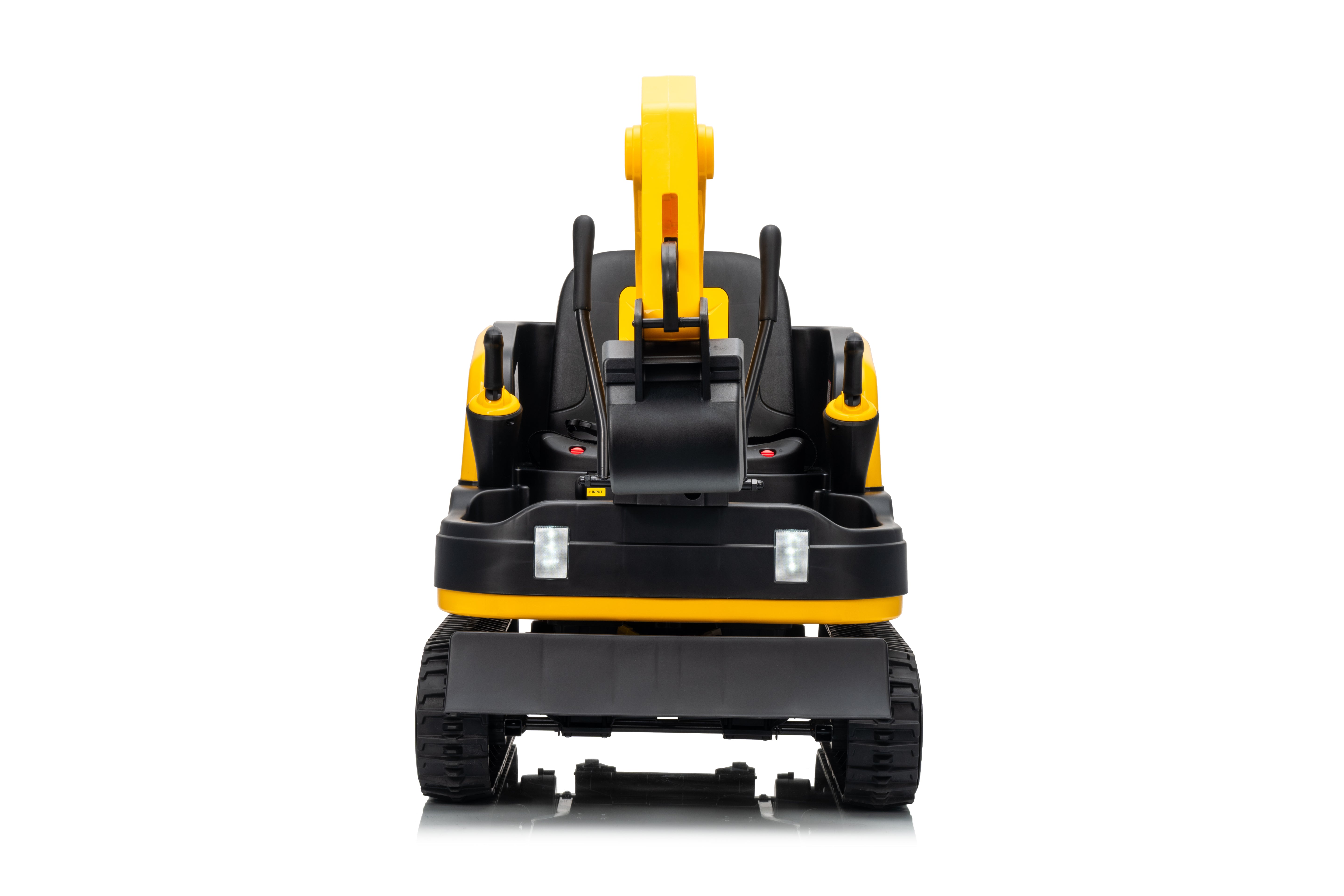 Toy excavator with black and yellow color scheme on a white background