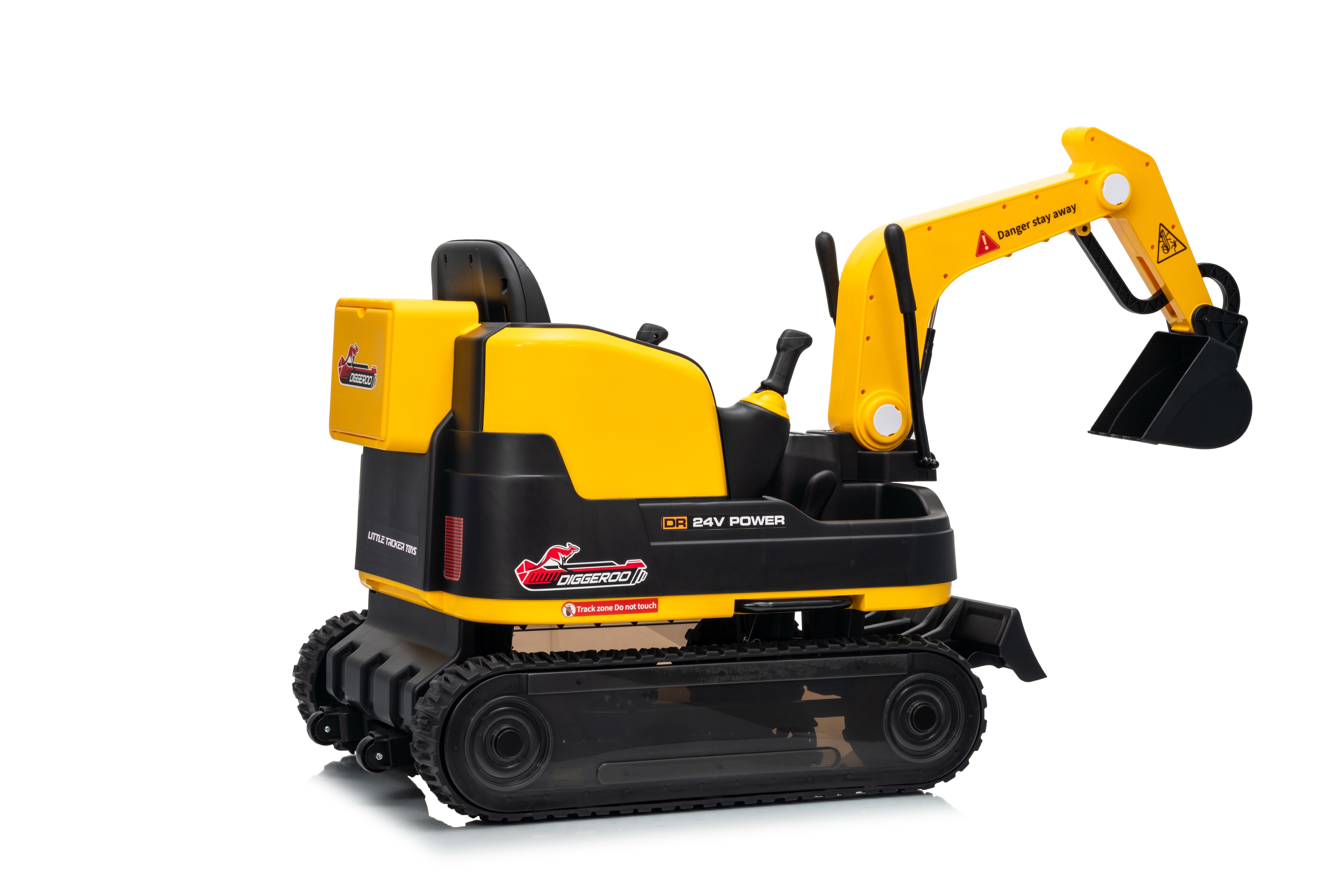 Yellow and black toy excavator on a white background