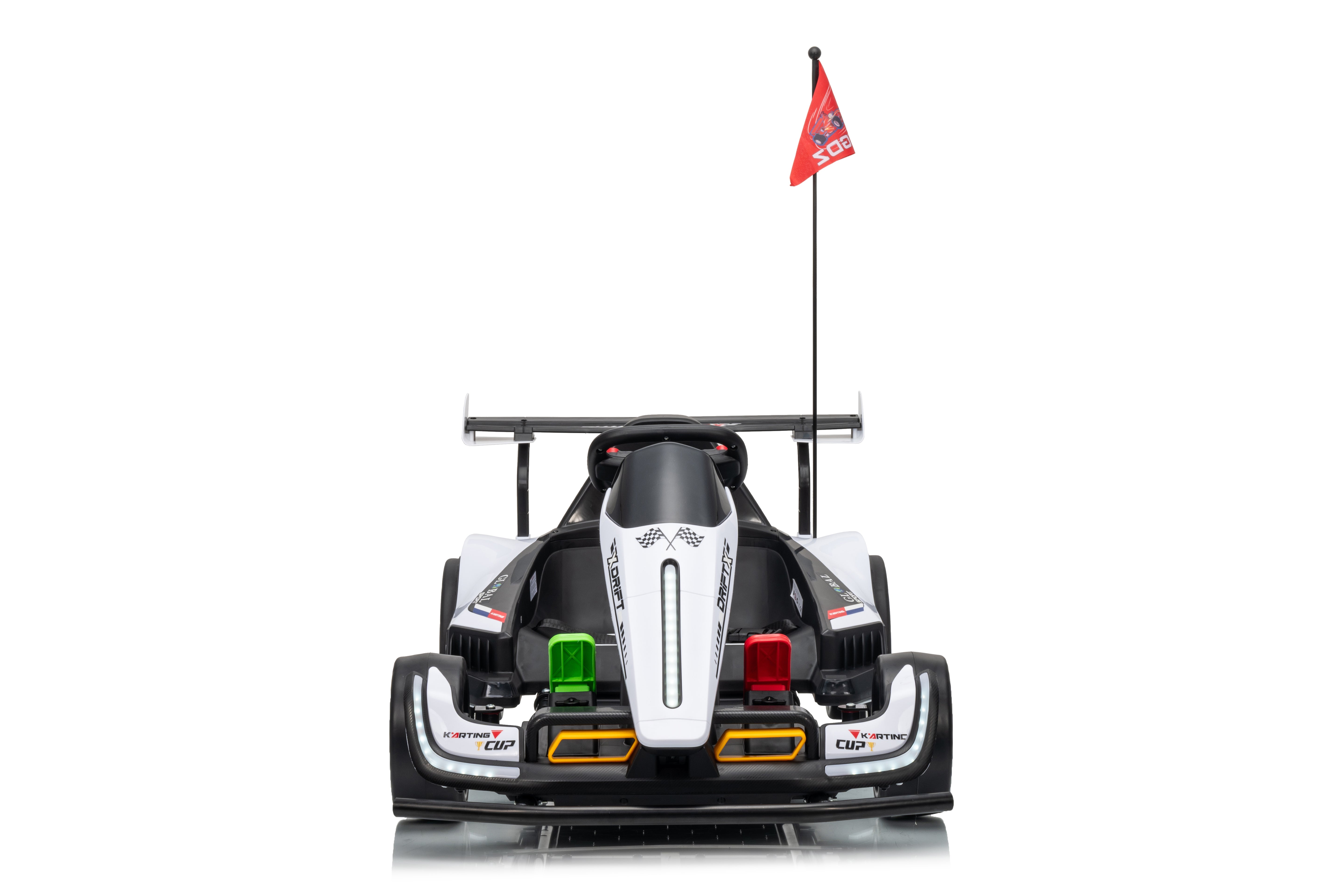 Model of a racing car with a red flag on a white background