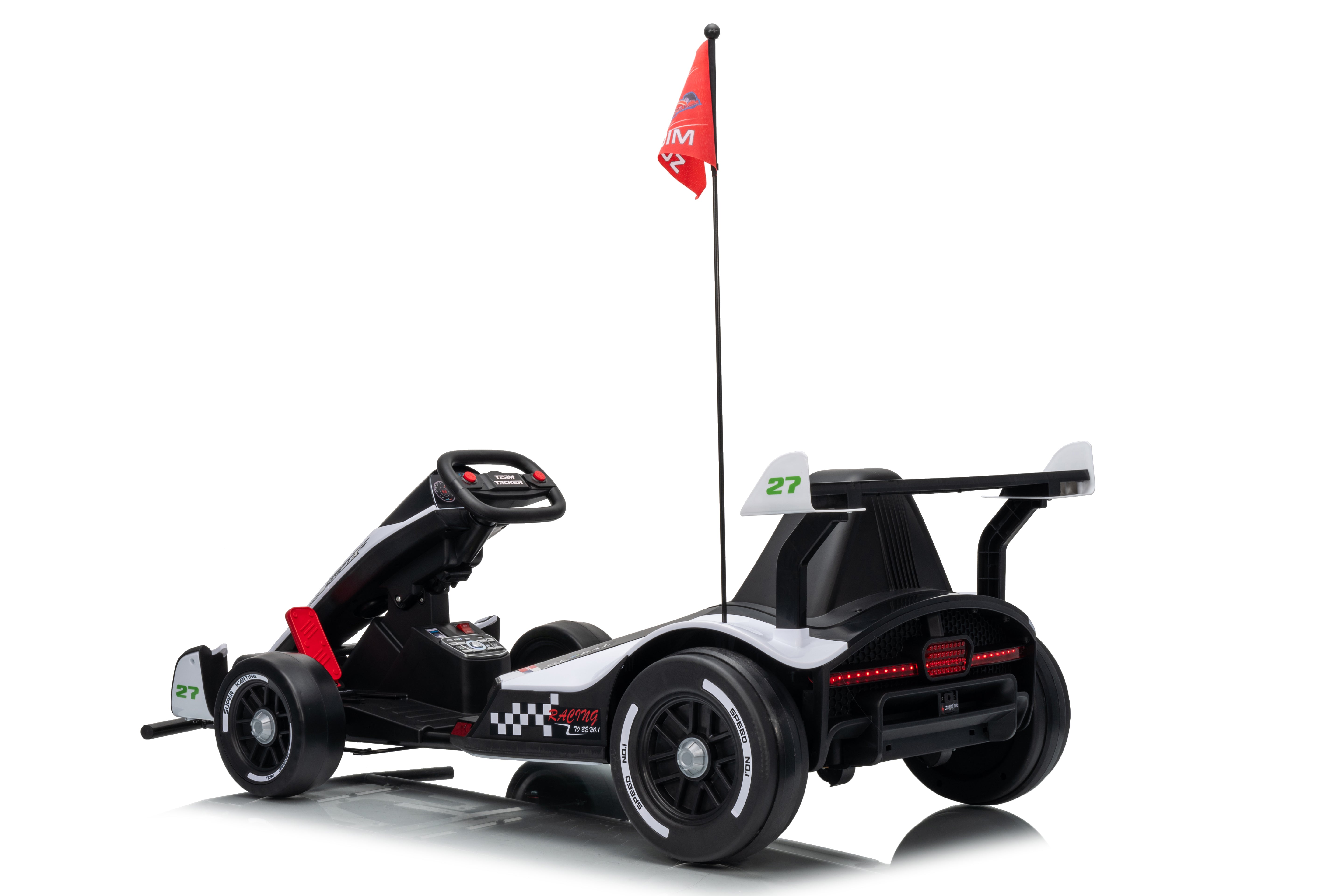 Black and red toy Formula 1 car with a flag on a white background