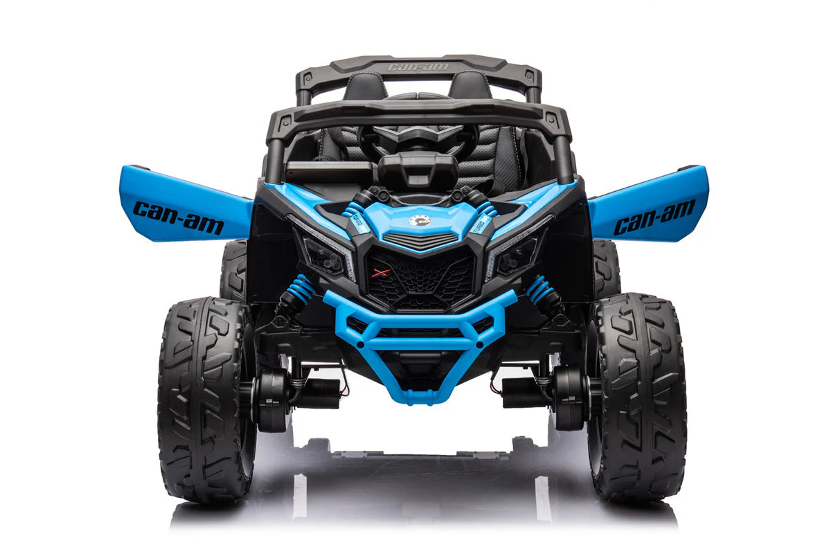 A black and beige 24v Can Am Mini Maverick electric buggy with 4 powerful motors and a battery-powered operation.