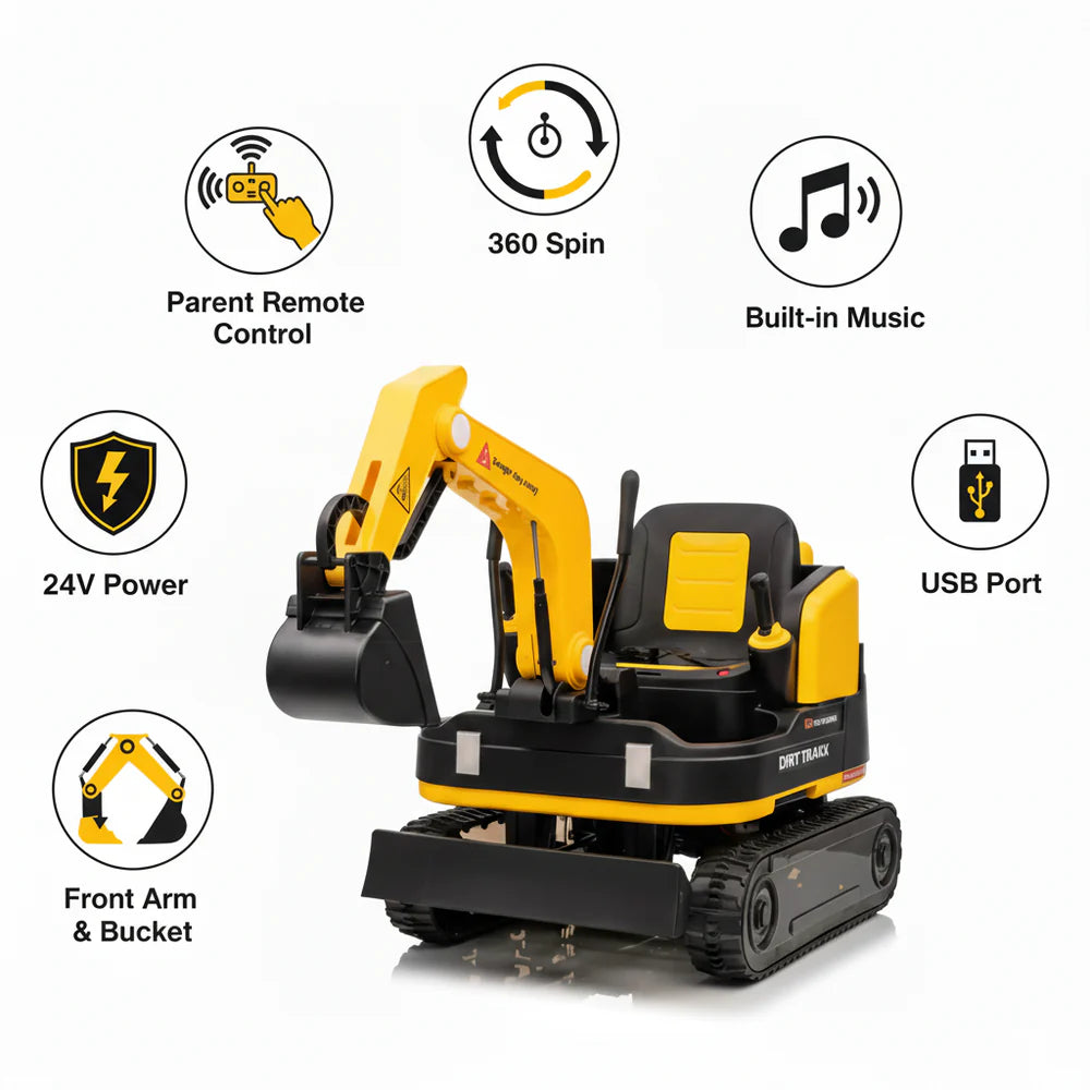 Toy excavator with features listed on a white background