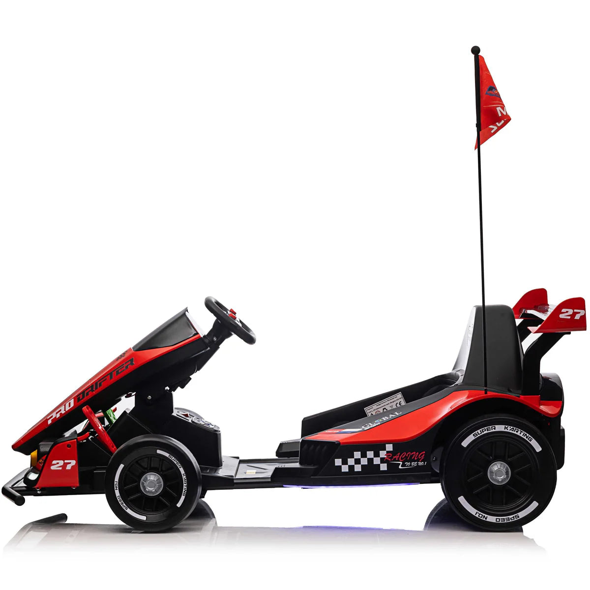 side view of red go kart