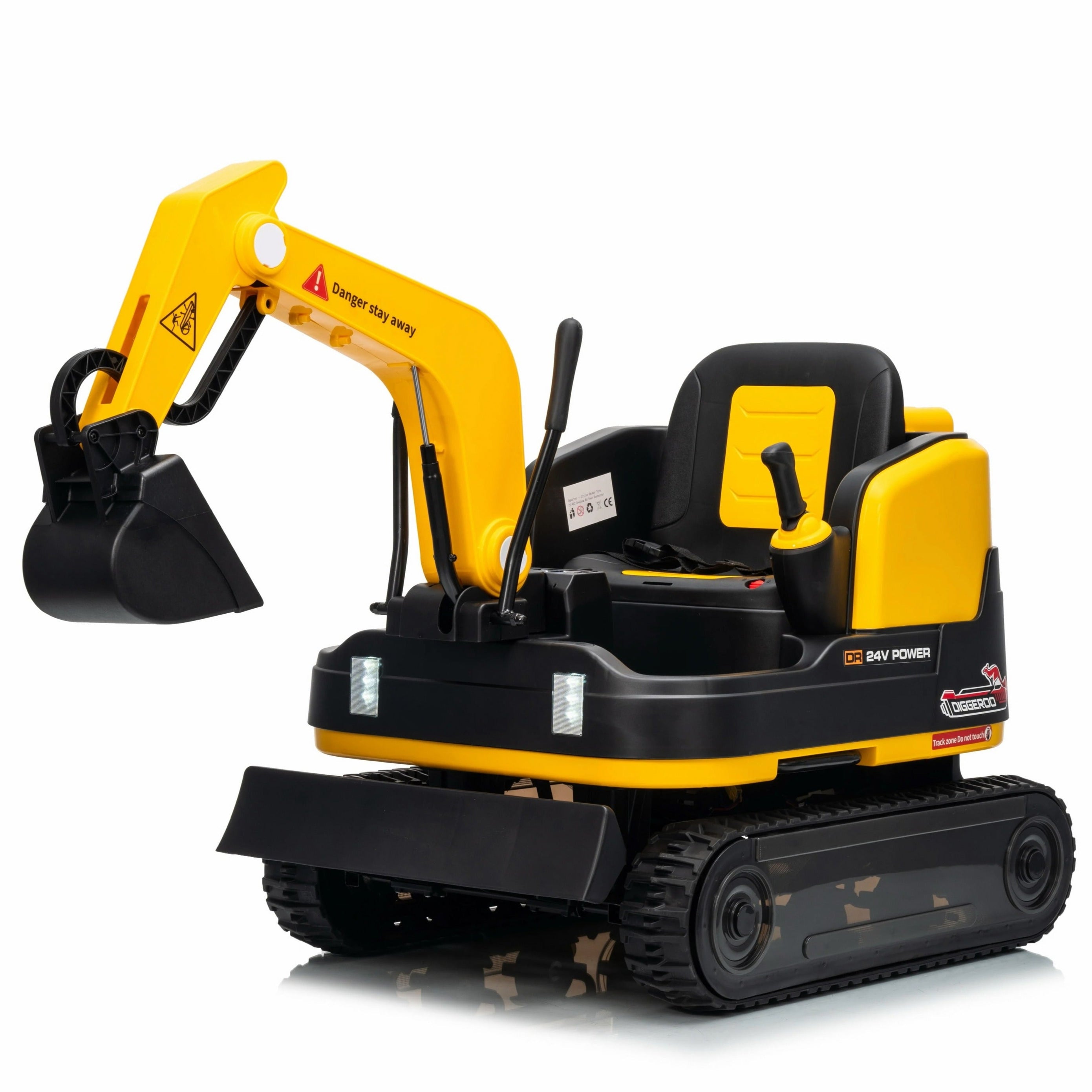Yellow and black toy excavator on a white background