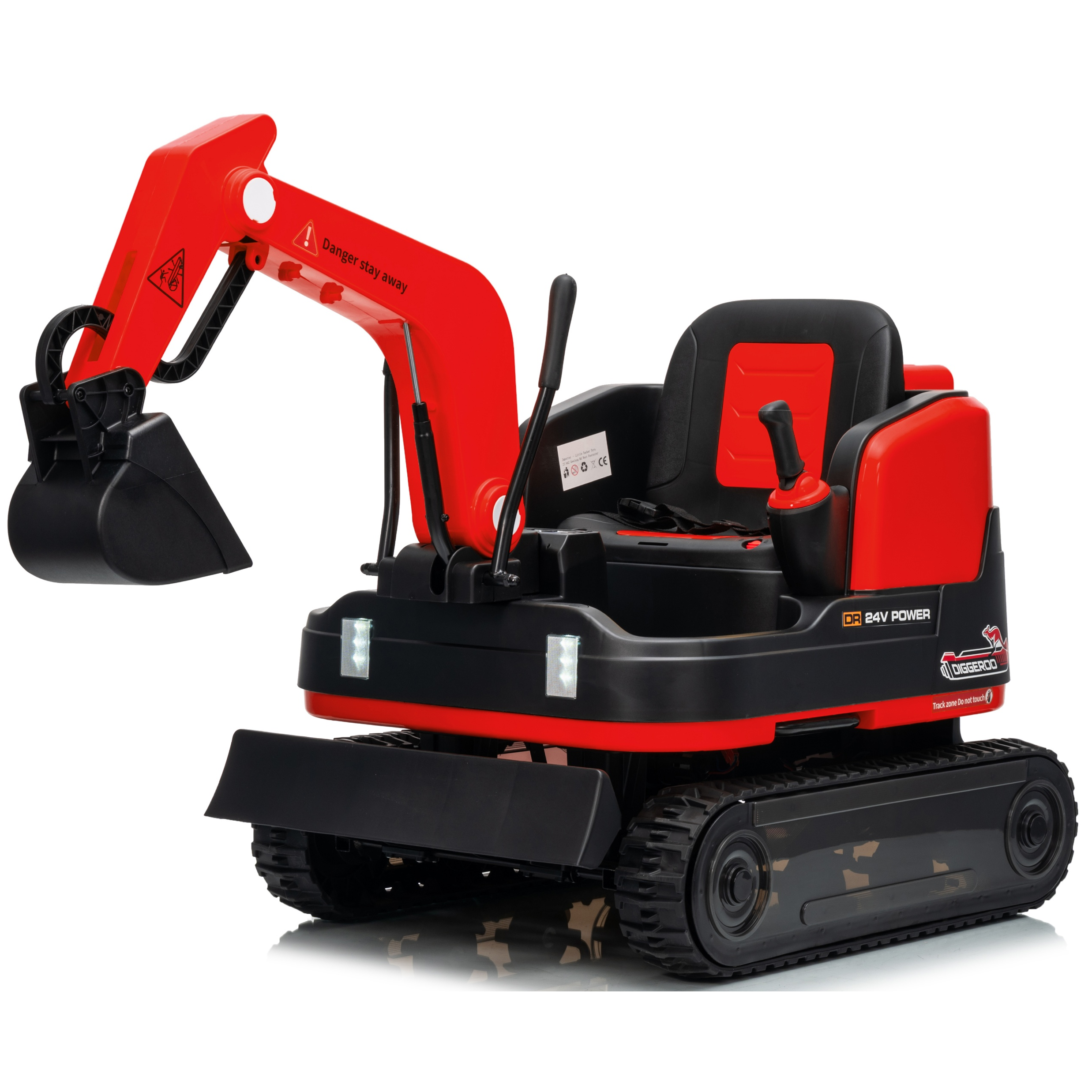 Red and black toy excavator on a white background