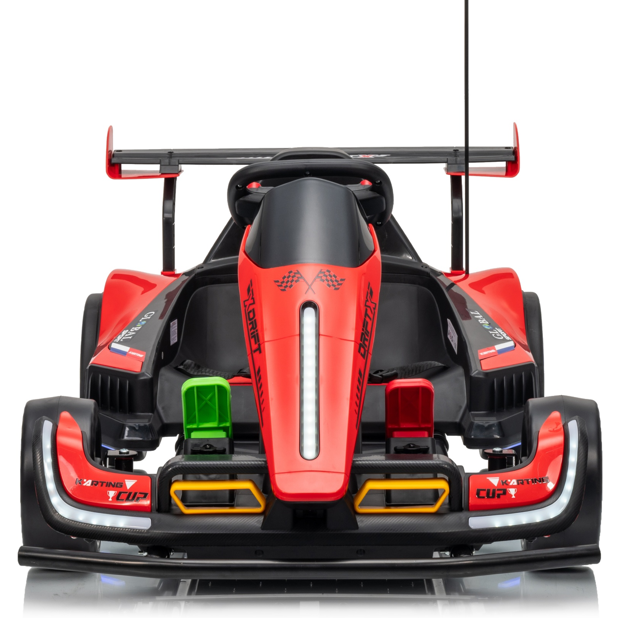 Red and black toy racing car with a flag on a white background