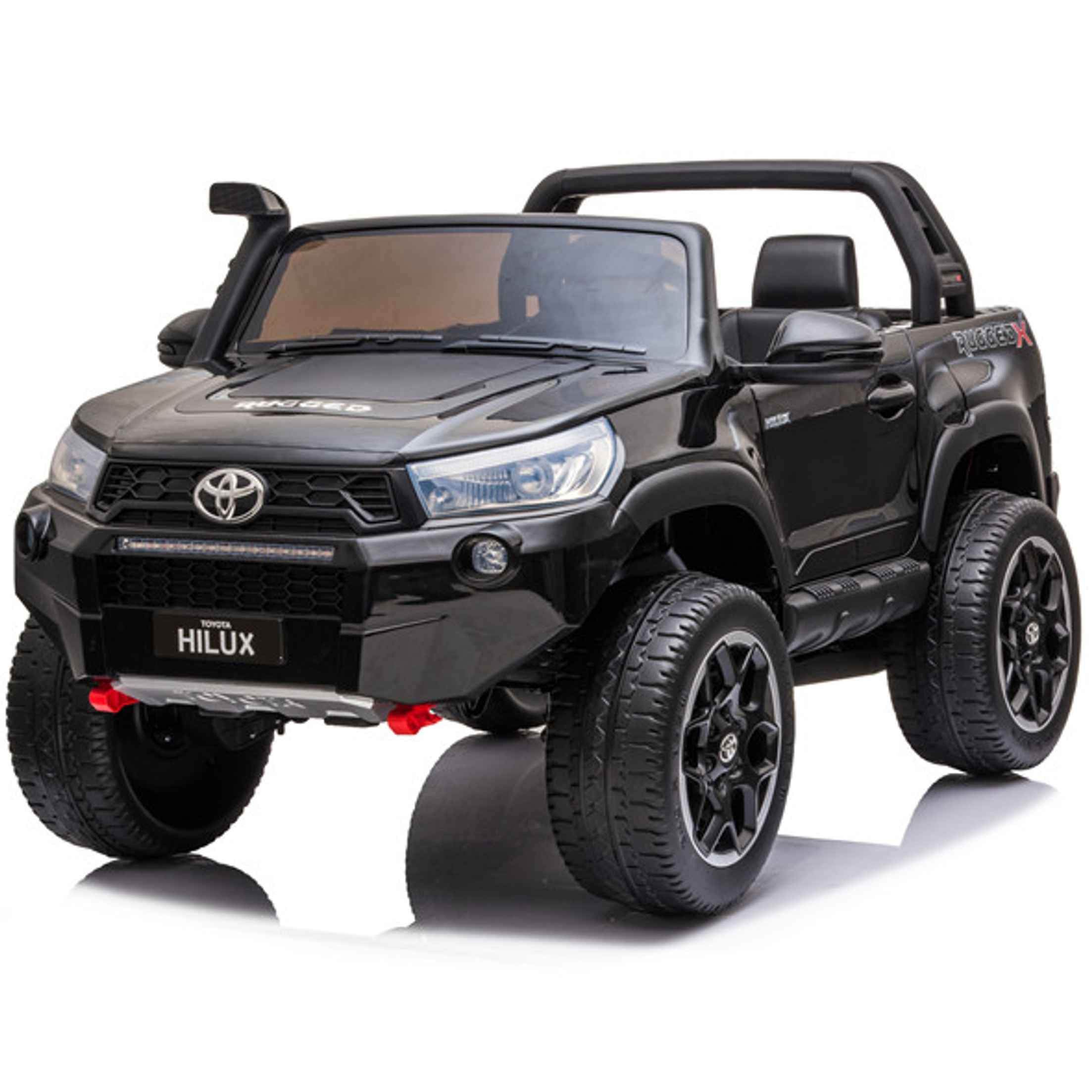 Black toy car resembling a Toyota Hilux on a white background