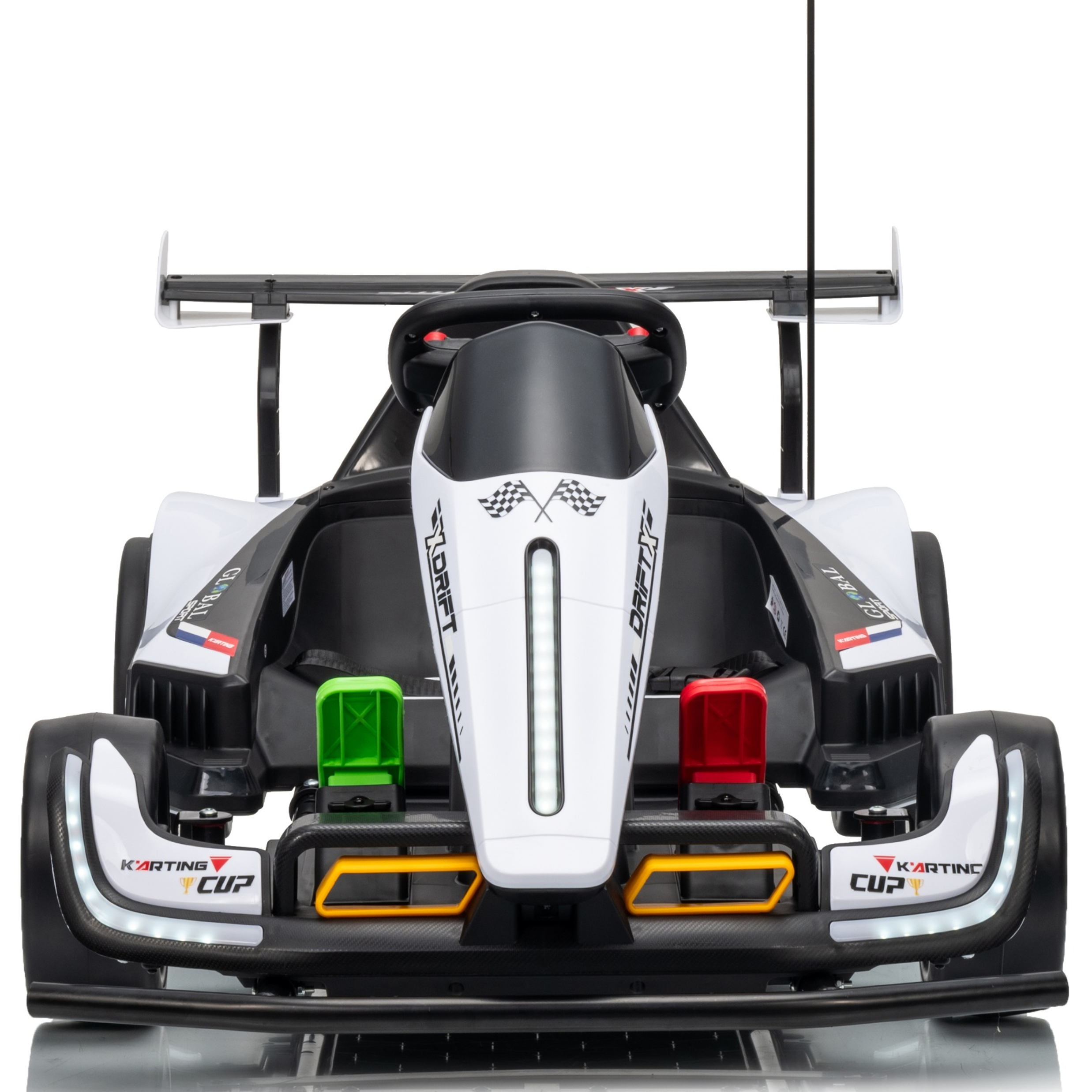 Model of a racing car with a red flag on a white background