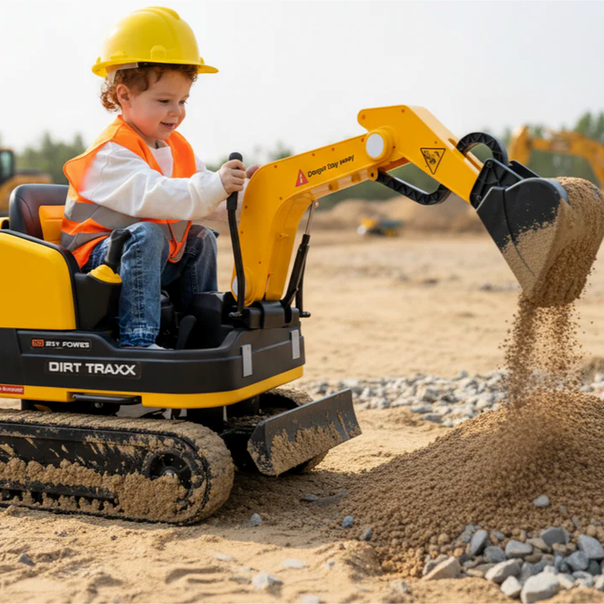 Child playing with a toy excavator on a construction site