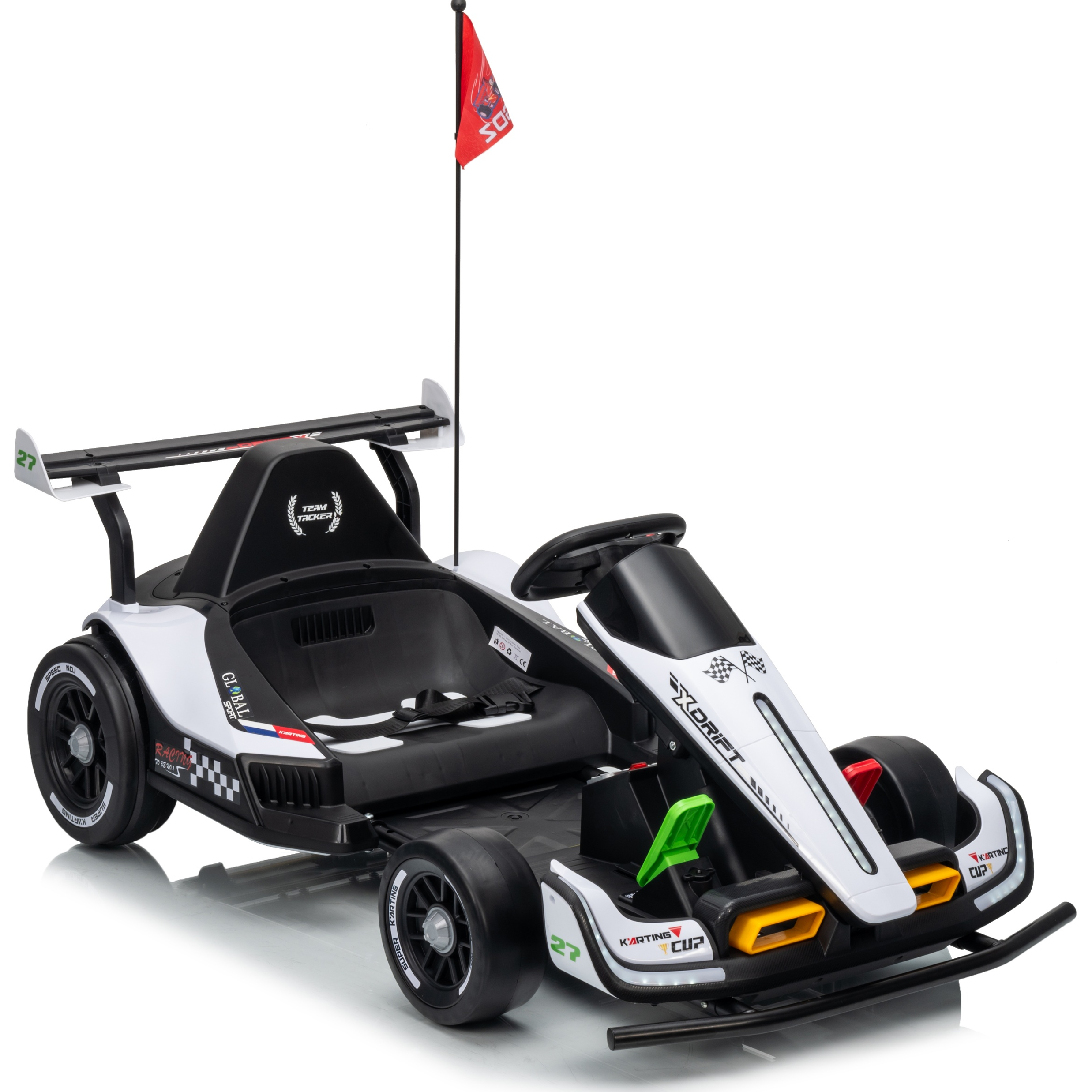 Children's go-kart with a red flag on a white background