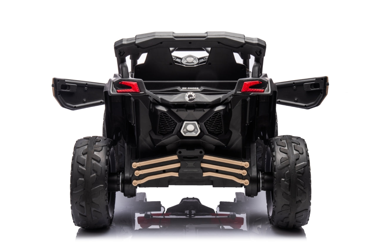 Back view of a black off-road vehicle with visible branding on a white background