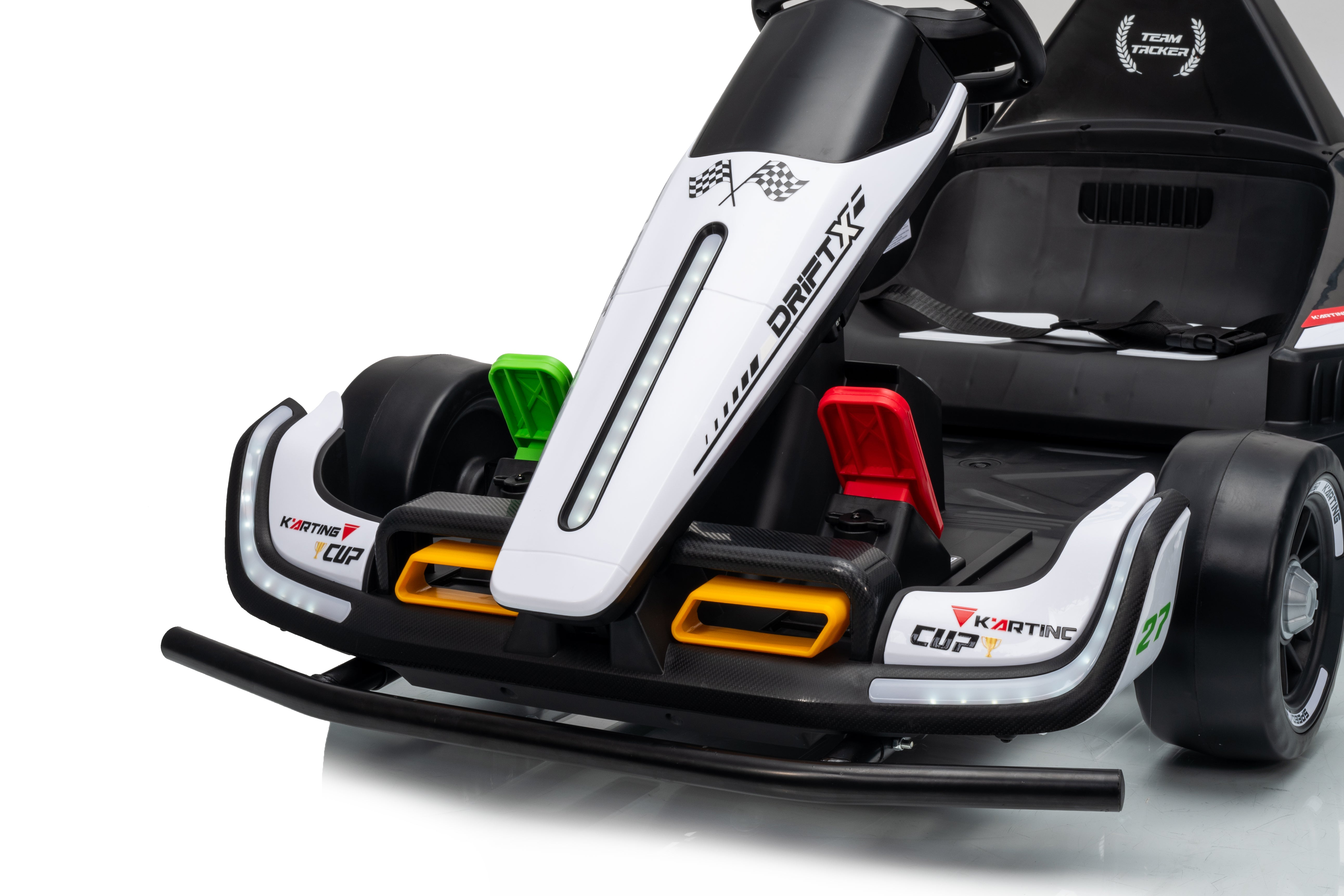 Toy go-kart with visible branding on a white background