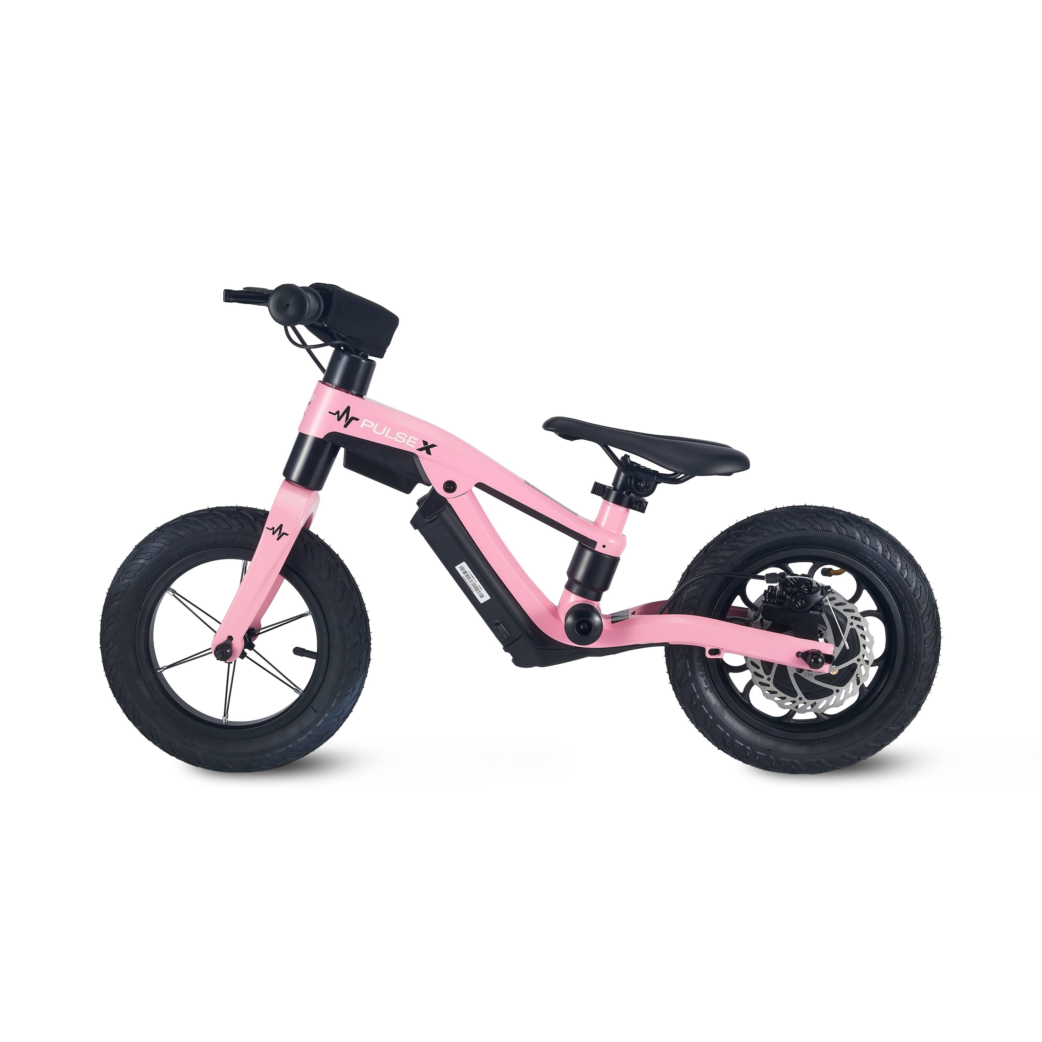 Pink balance bike on a white background
