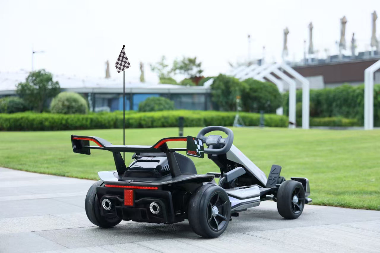 Electric go-kart on a paved path with grass and trees in the background