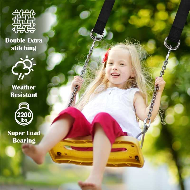 Child on a swing with product features highlighted