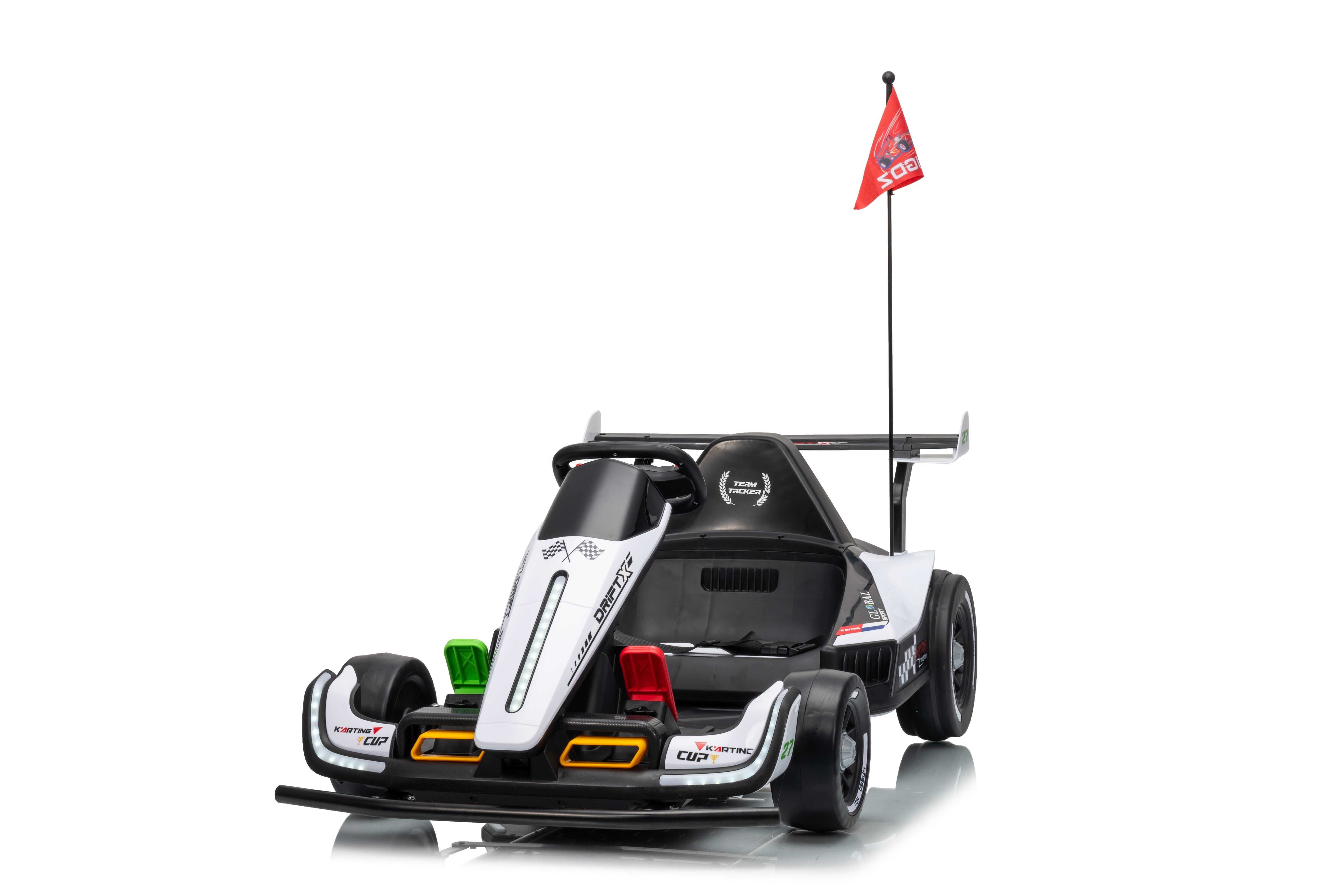 Model of a racing car with a red flag on a white background