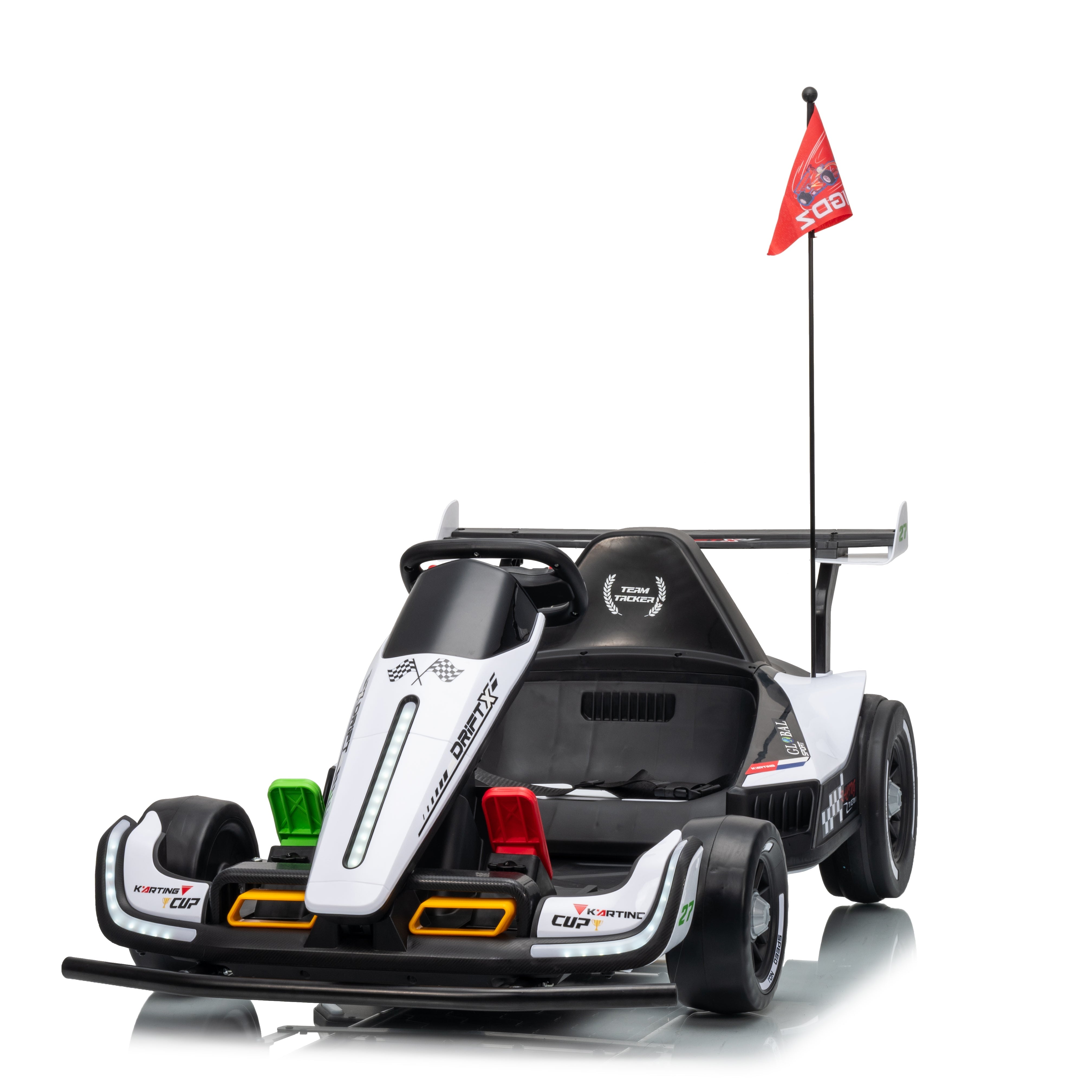 Model of a racing car with a red flag on a white background