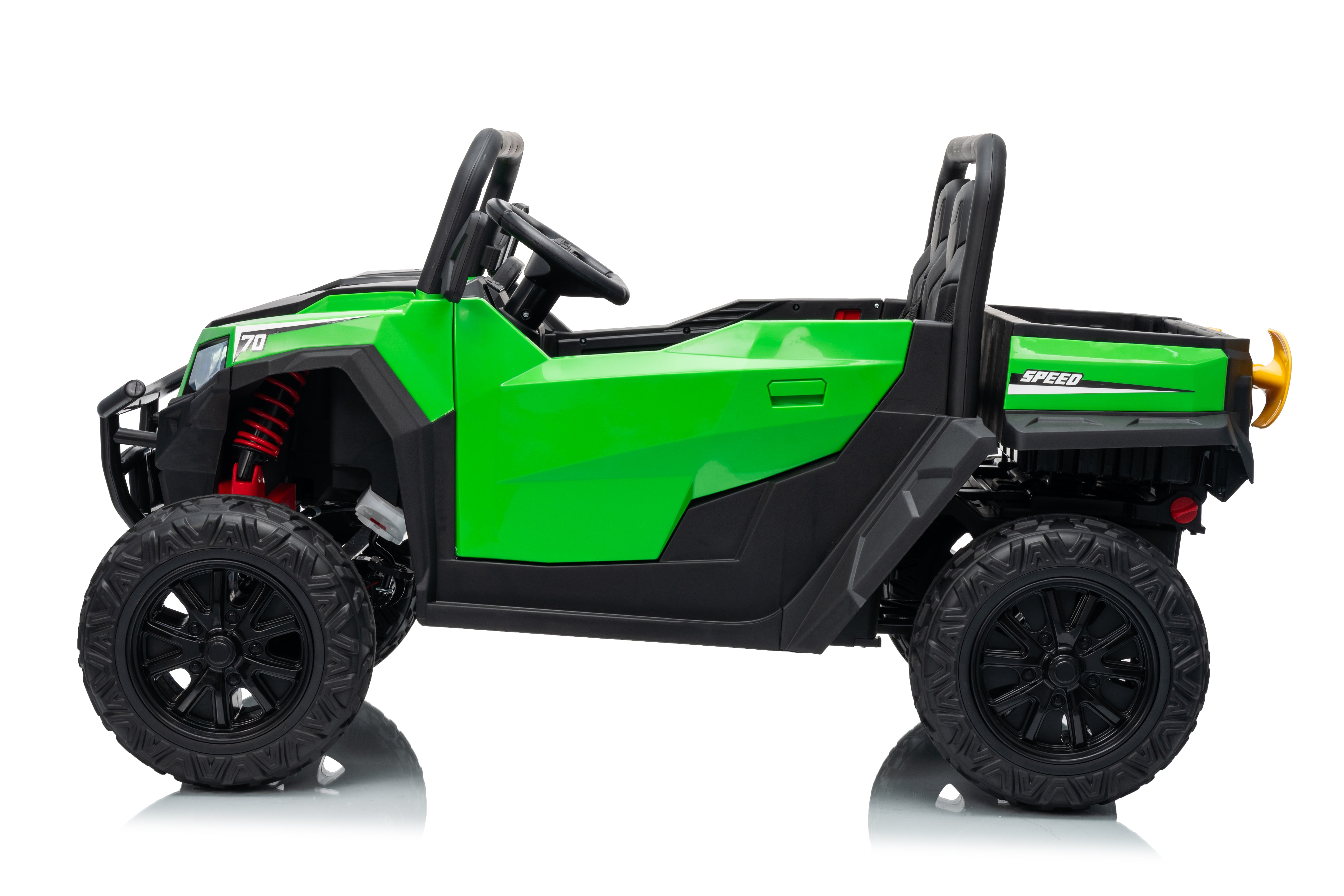 Green toy off-road vehicle with black wheels on a white background