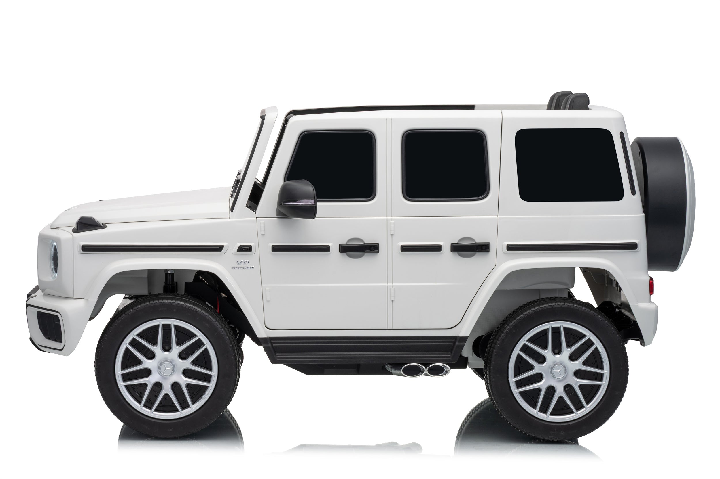 A white Mercedes-Benz G-Class style SUV toy or model car shown in side profile on a clean white background.