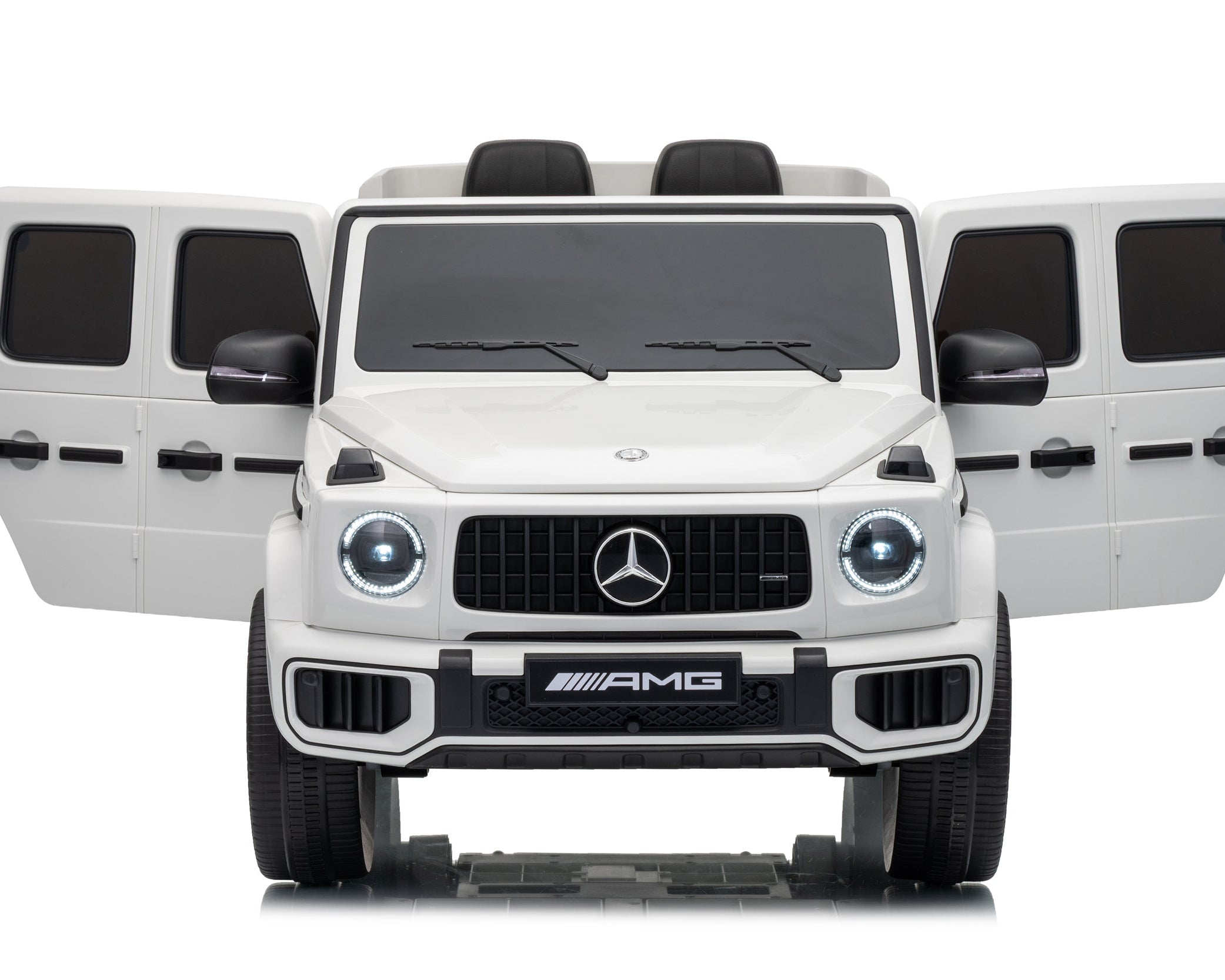 A white Mercedes-Benz AMG toy SUV with its doors open, shown from the front on a clean white background.