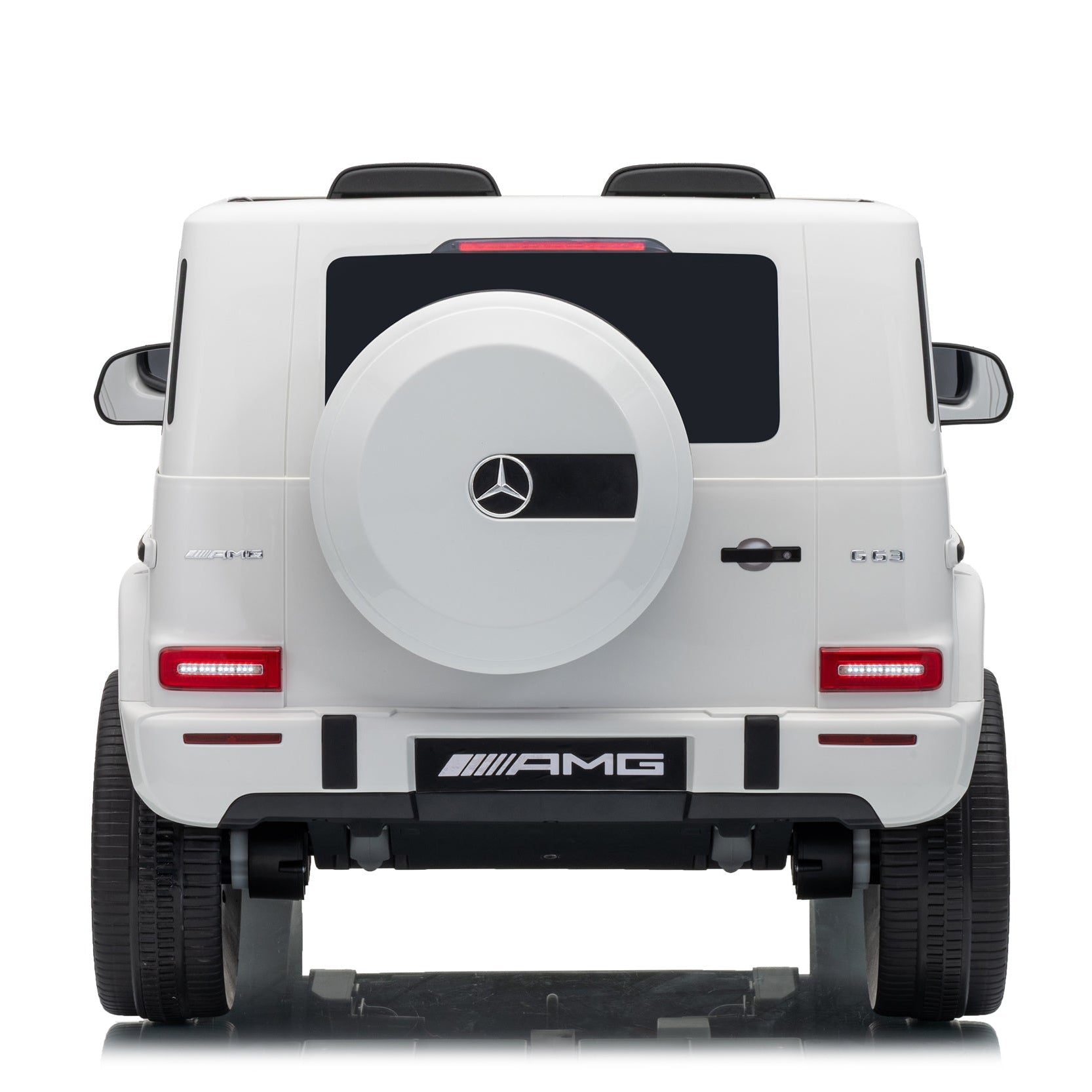 White Mercedes-Benz AMG G-Class style vehicle shown from the rear on a clean white studio background, with a spare tire cover featuring the Mercedes star logo and AMG badge.