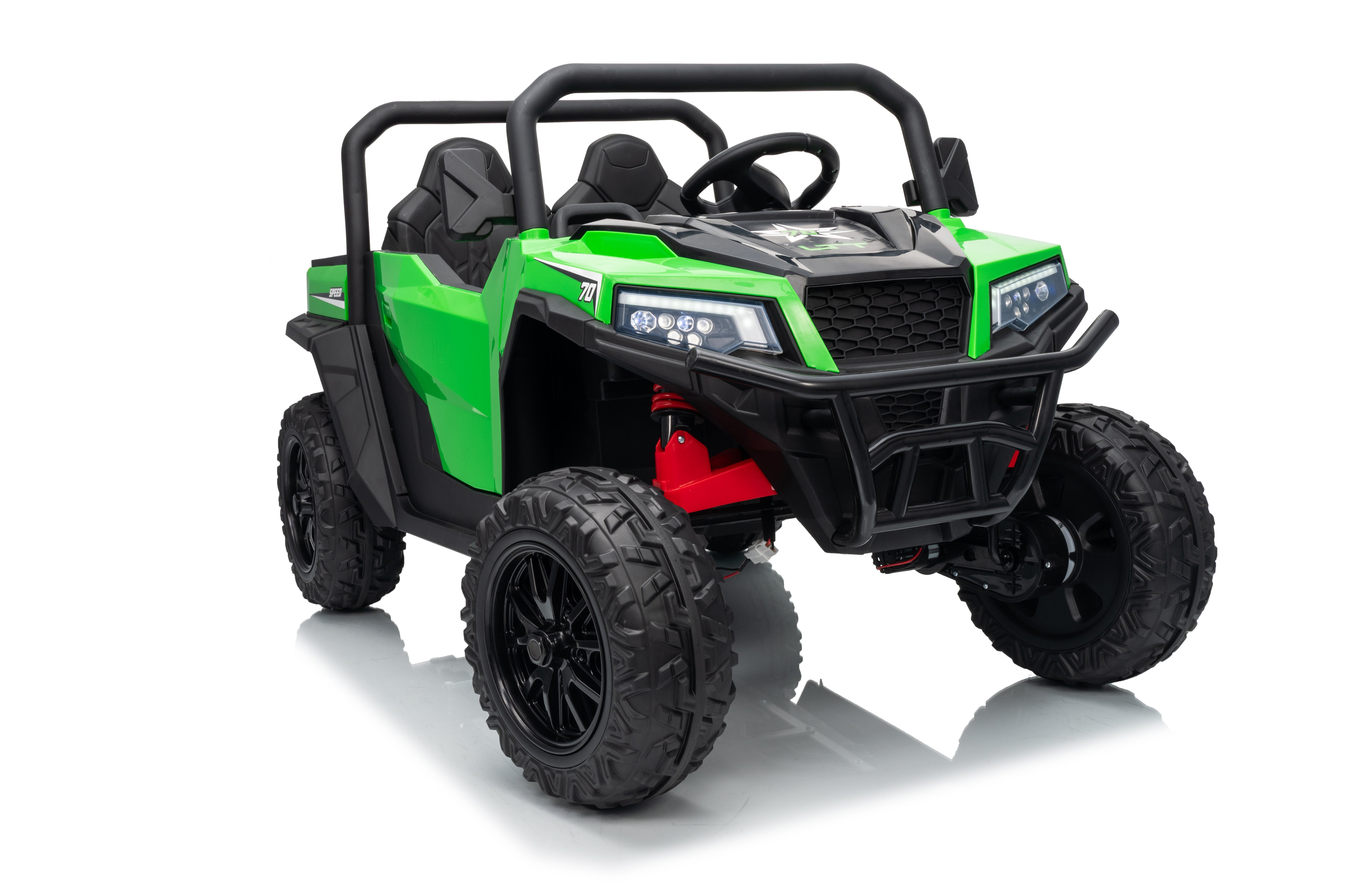 Green and black off-road vehicle on a white background
