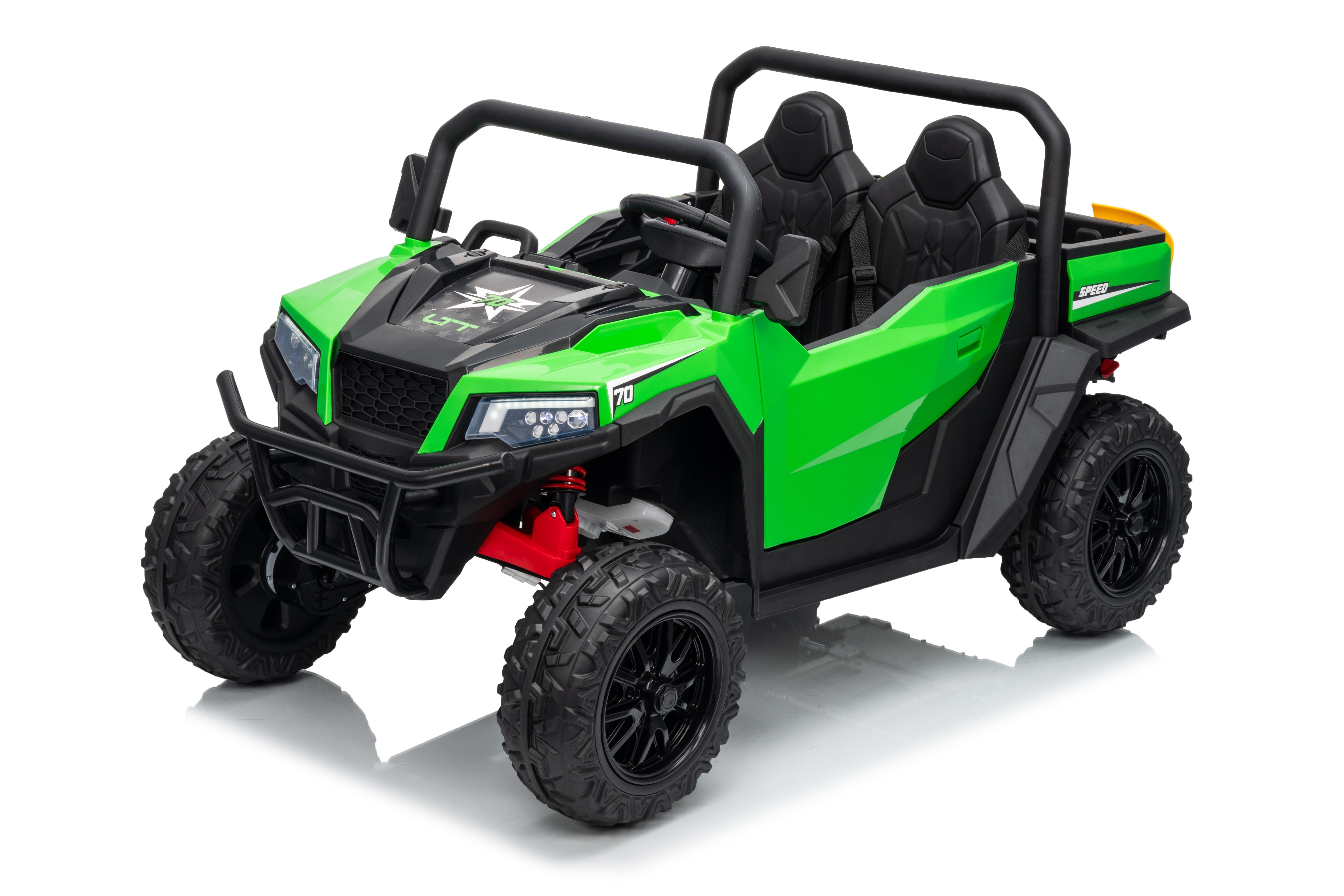 Green and black toy off-road vehicle on a white background