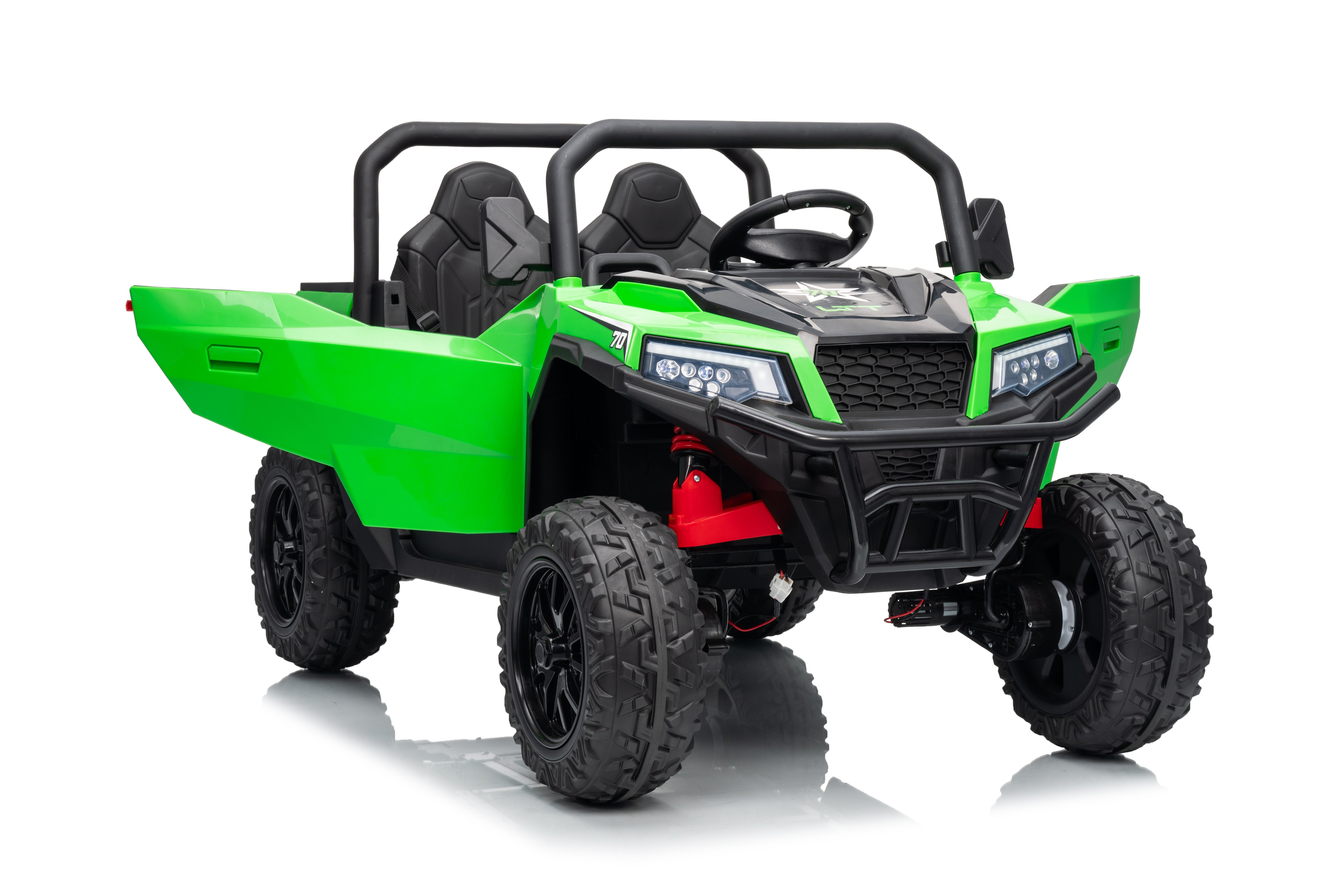 Green and black toy off-road vehicle on a white background, 24v off road kids car and buggy