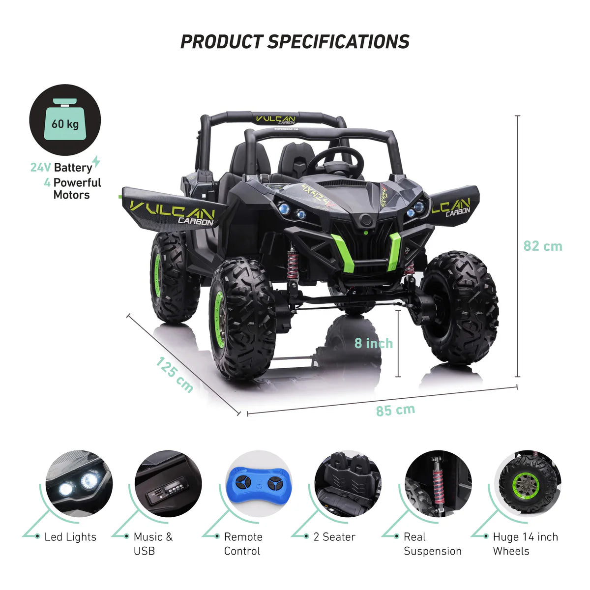 24v Carbon ride on buggy, black and lime green