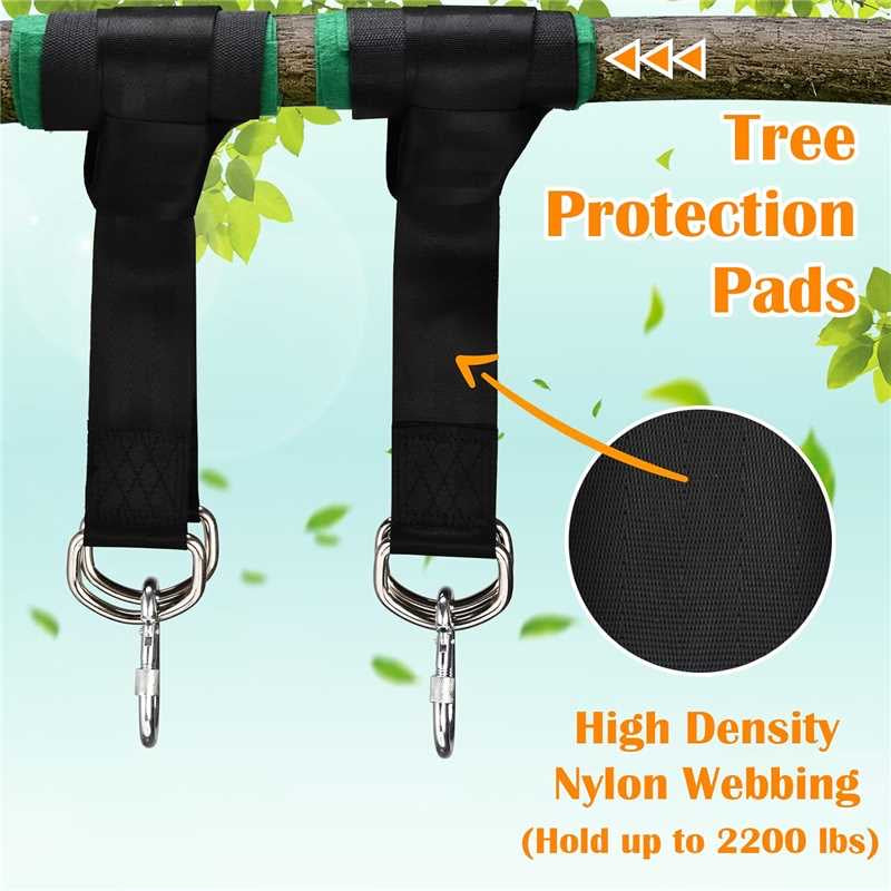 Tree protection pad with high-density nylon webbing on a green leafy background