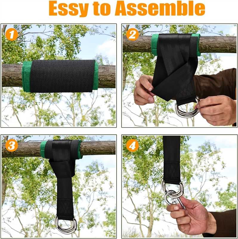 Step-by-step assembly of a tree swing with straps and D-rings.