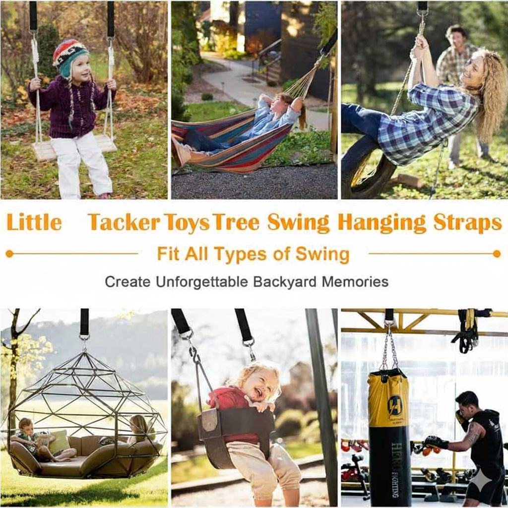 Collage of people using various swings and hammocks with promotional text for Little Tacker Toys Tree Swing Hanging Straps.